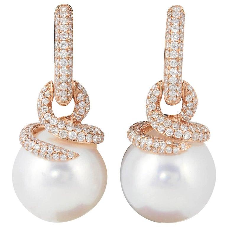 South Sea Pearl Diamond Drop Earrings 1.55 Carats 18K White Gold 14-15 MM For Sale 4
