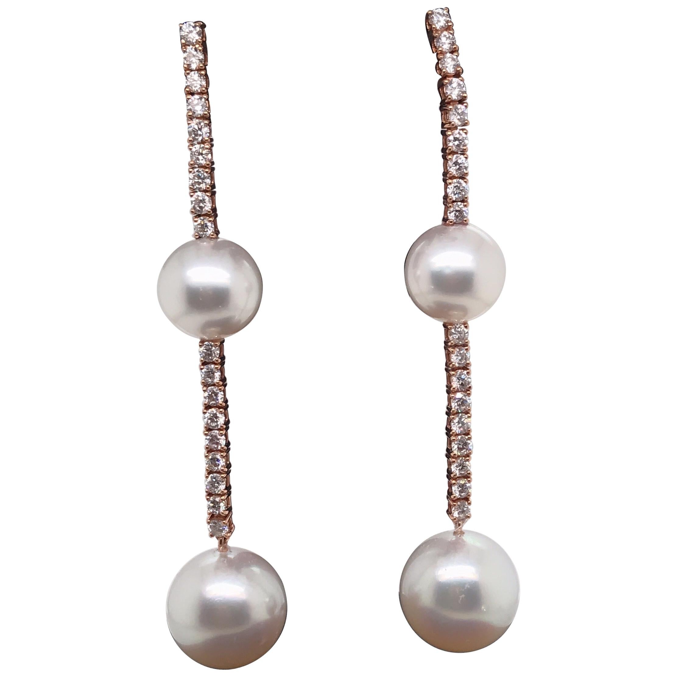 South Sea Pearl Diamond Drop Earrings 1.81 Carat 18 Karat Rose Gold For Sale