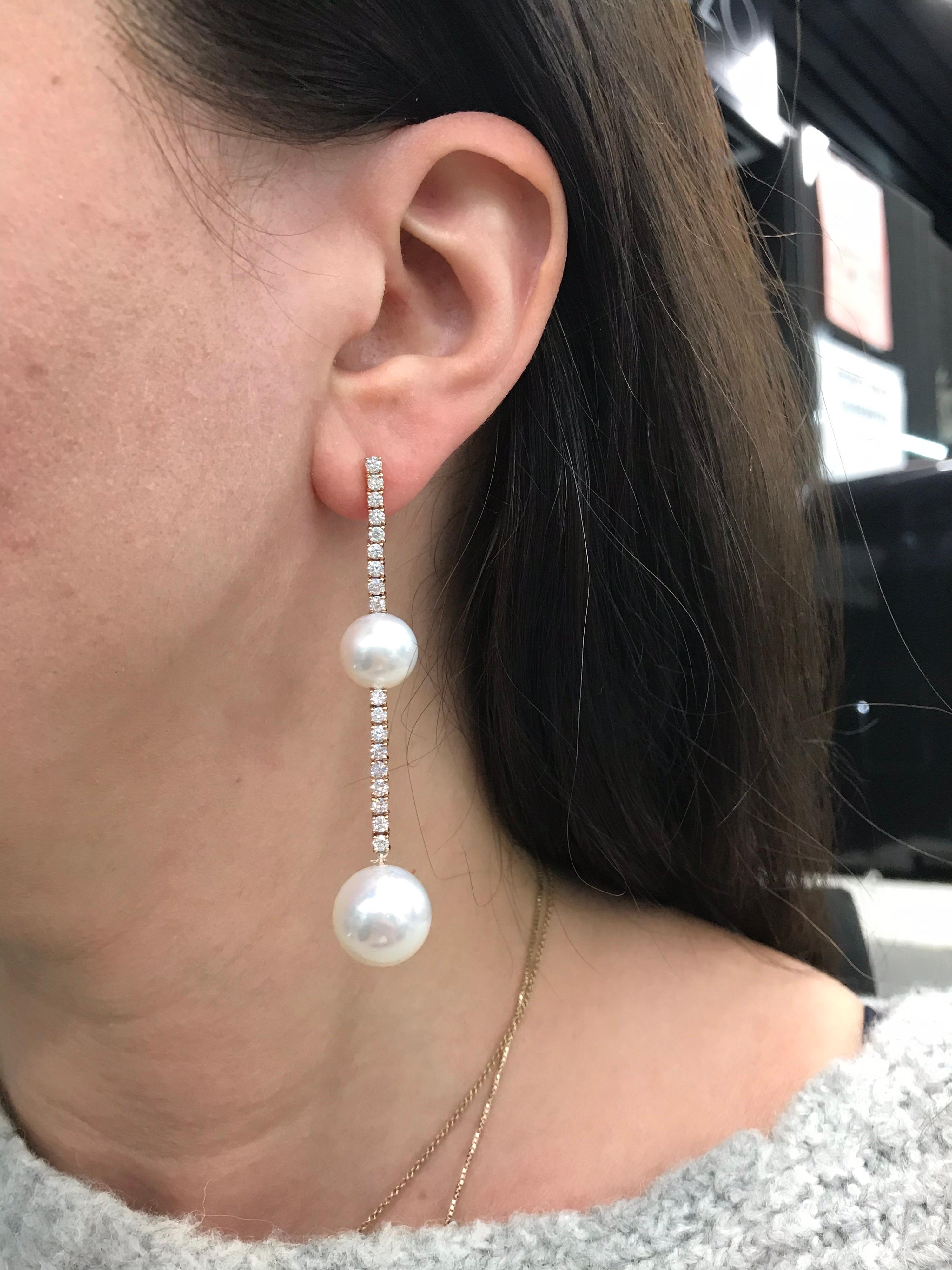 South Sea Pearl Diamond Drop Earrings 1.81 Carat 18 Karat Rose Gold For Sale 4