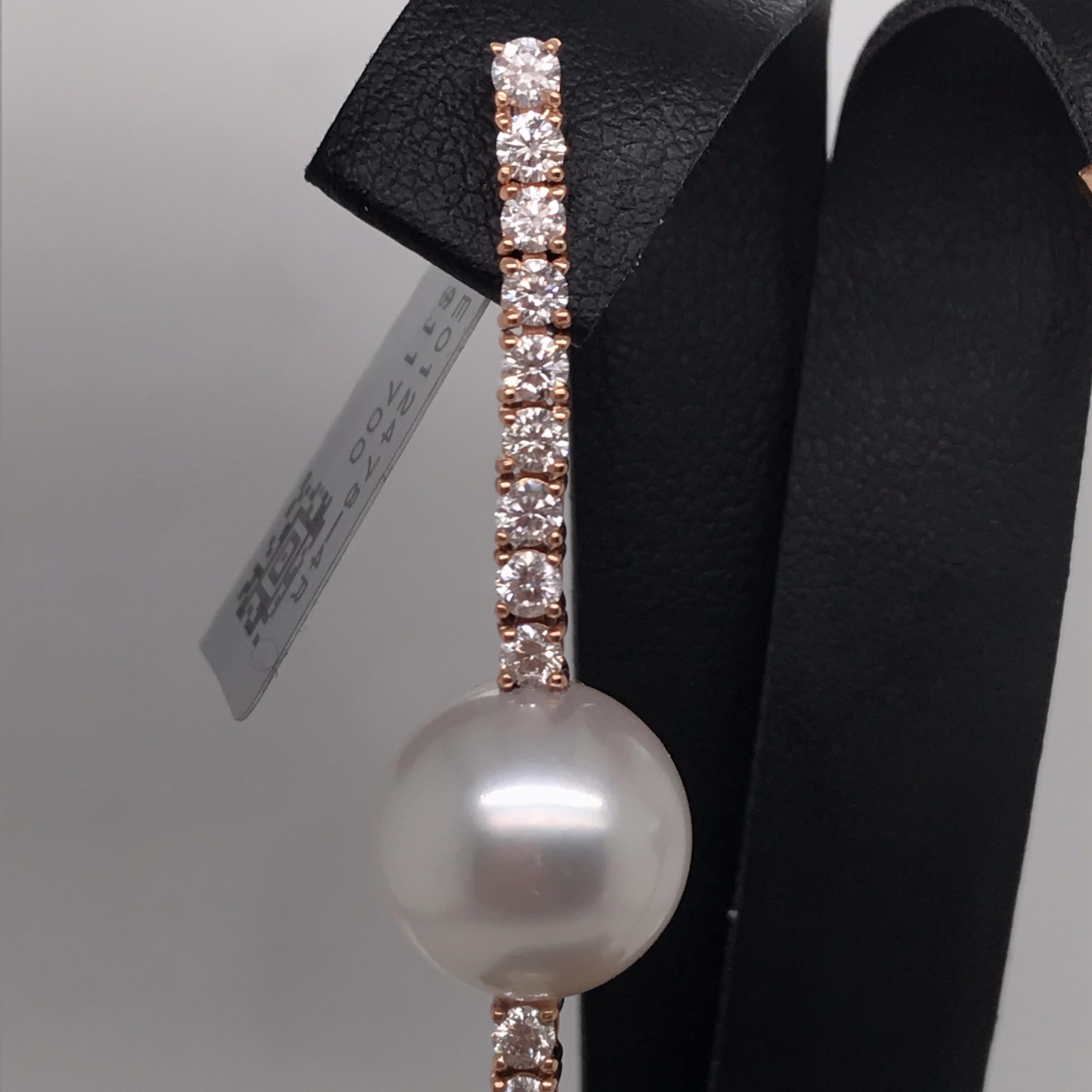 Contemporary South Sea Pearl Diamond Drop Earrings 1.81 Carat 18 Karat Rose Gold For Sale