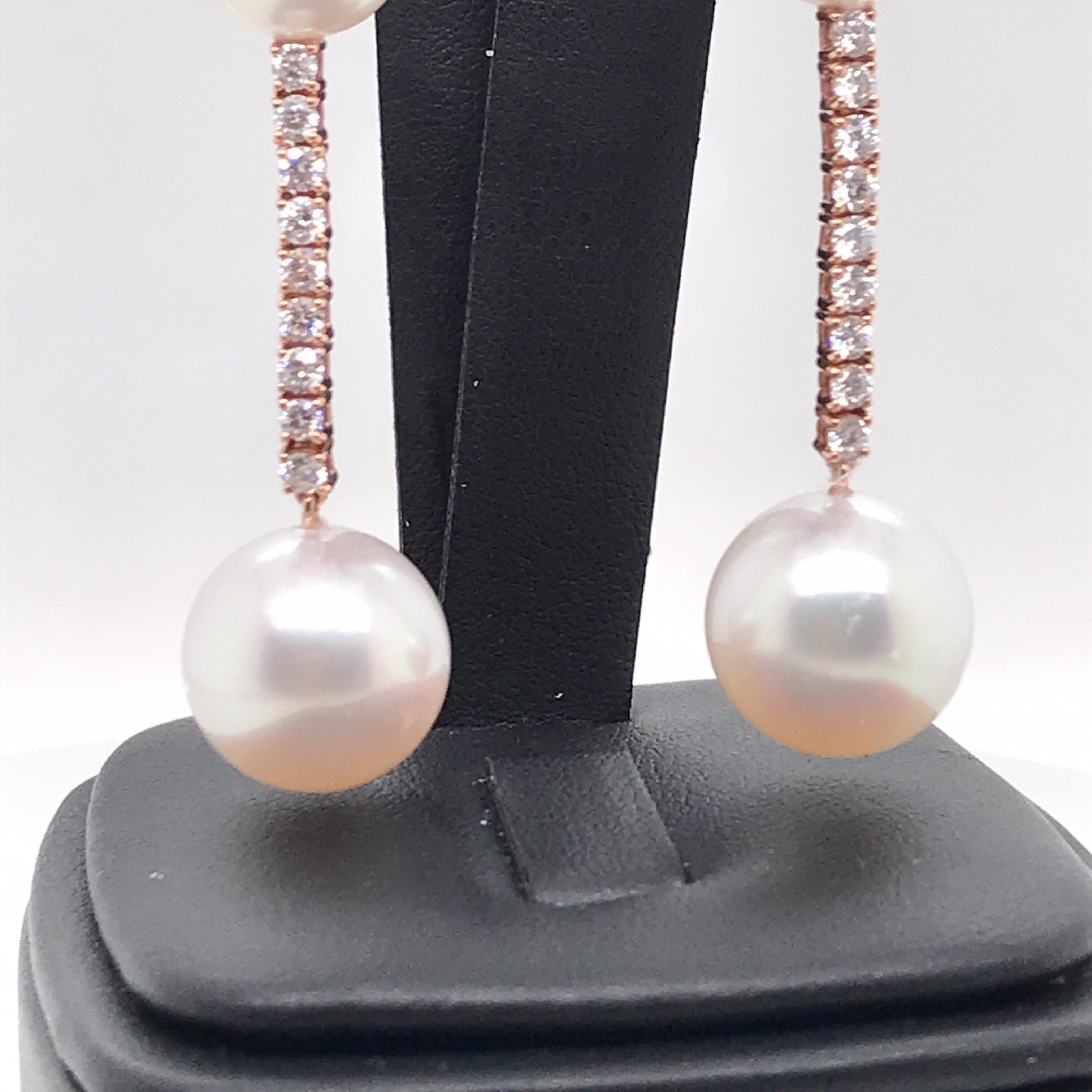Round Cut South Sea Pearl Diamond Drop Earrings 1.81 Carat 18 Karat Rose Gold For Sale