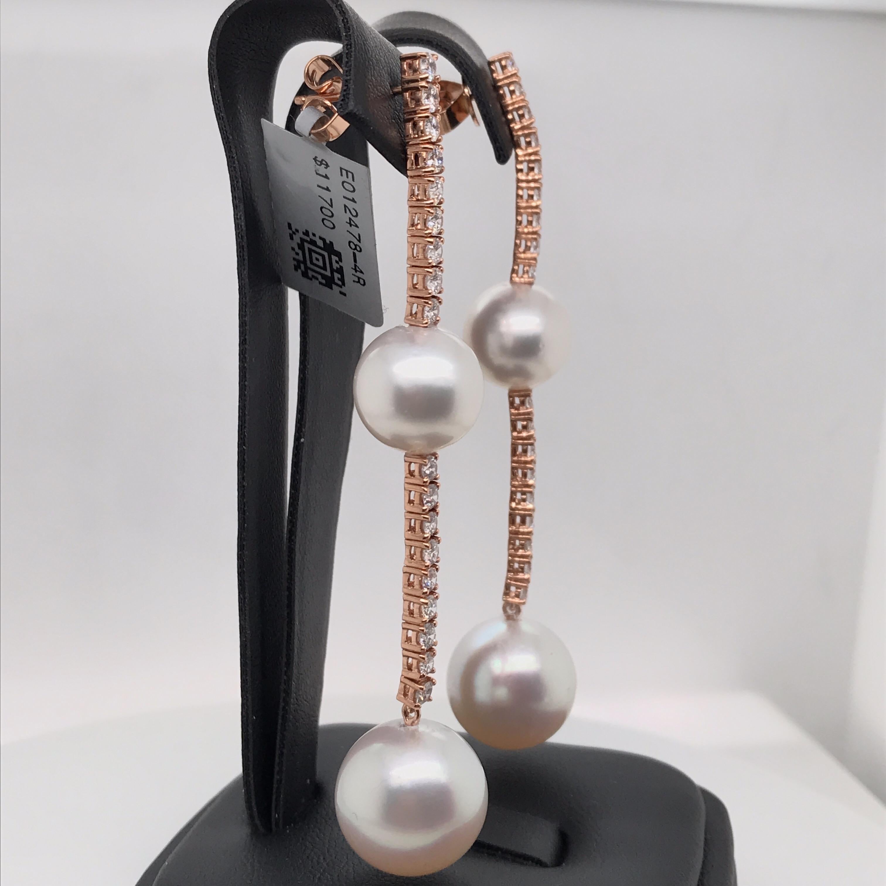 South Sea Pearl Diamond Drop Earrings 1.81 Carat 18 Karat Rose Gold For Sale 2