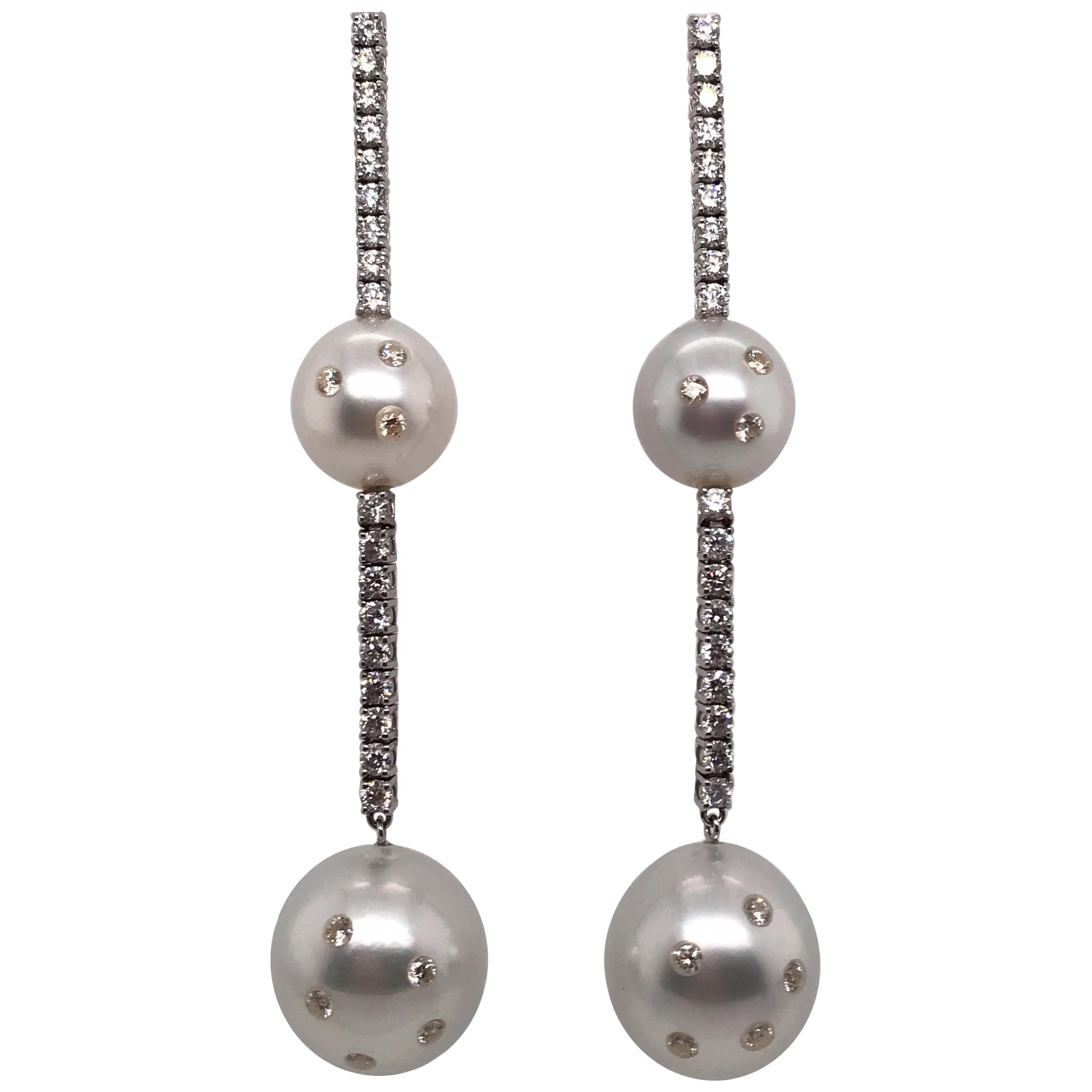 South Sea Pearl Diamond Drop Earrings 2.30 Carat 14 Karat White Gold For Sale