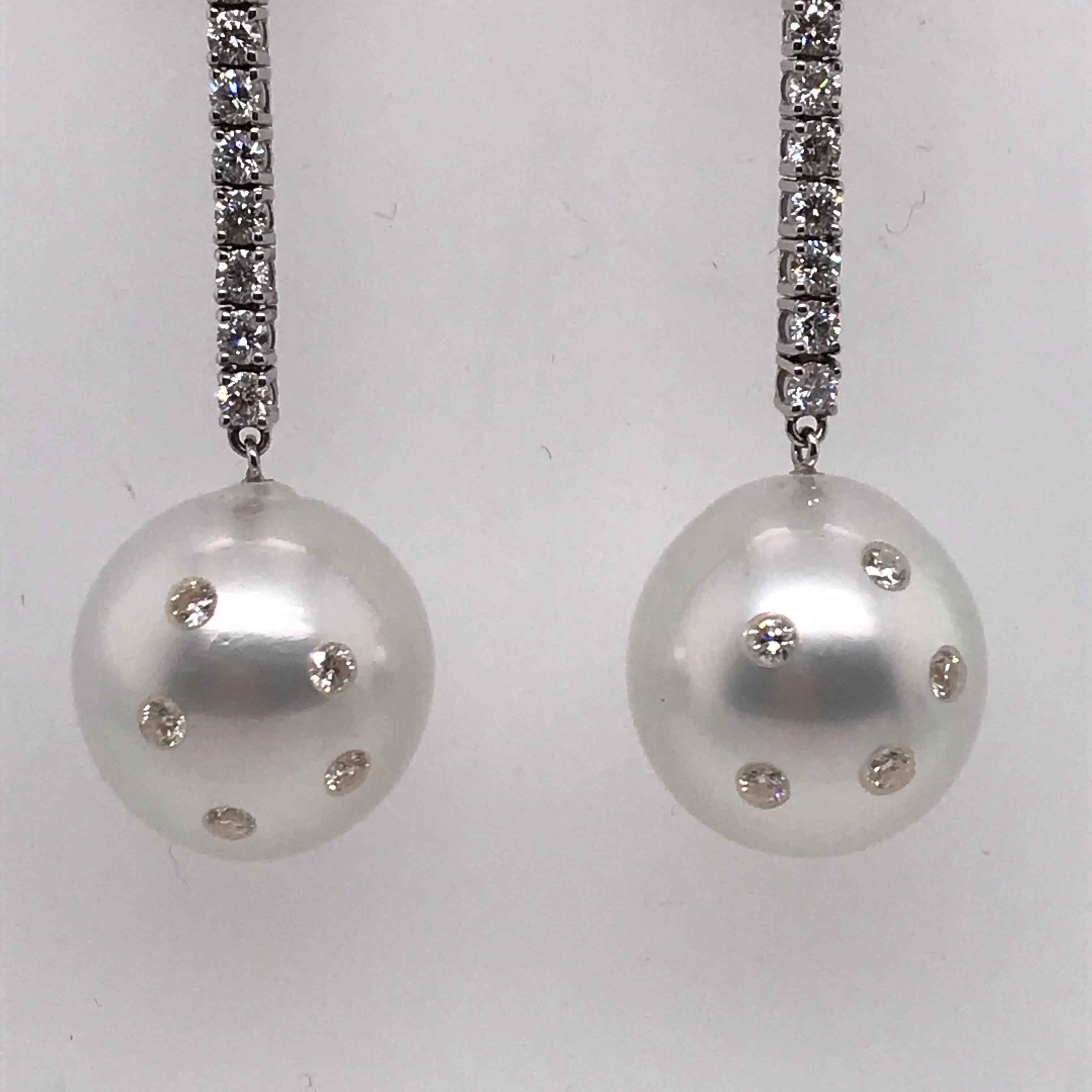 Contemporary South Sea Pearl Diamond Drop Earrings 2.30 Carat 14 Karat White Gold For Sale