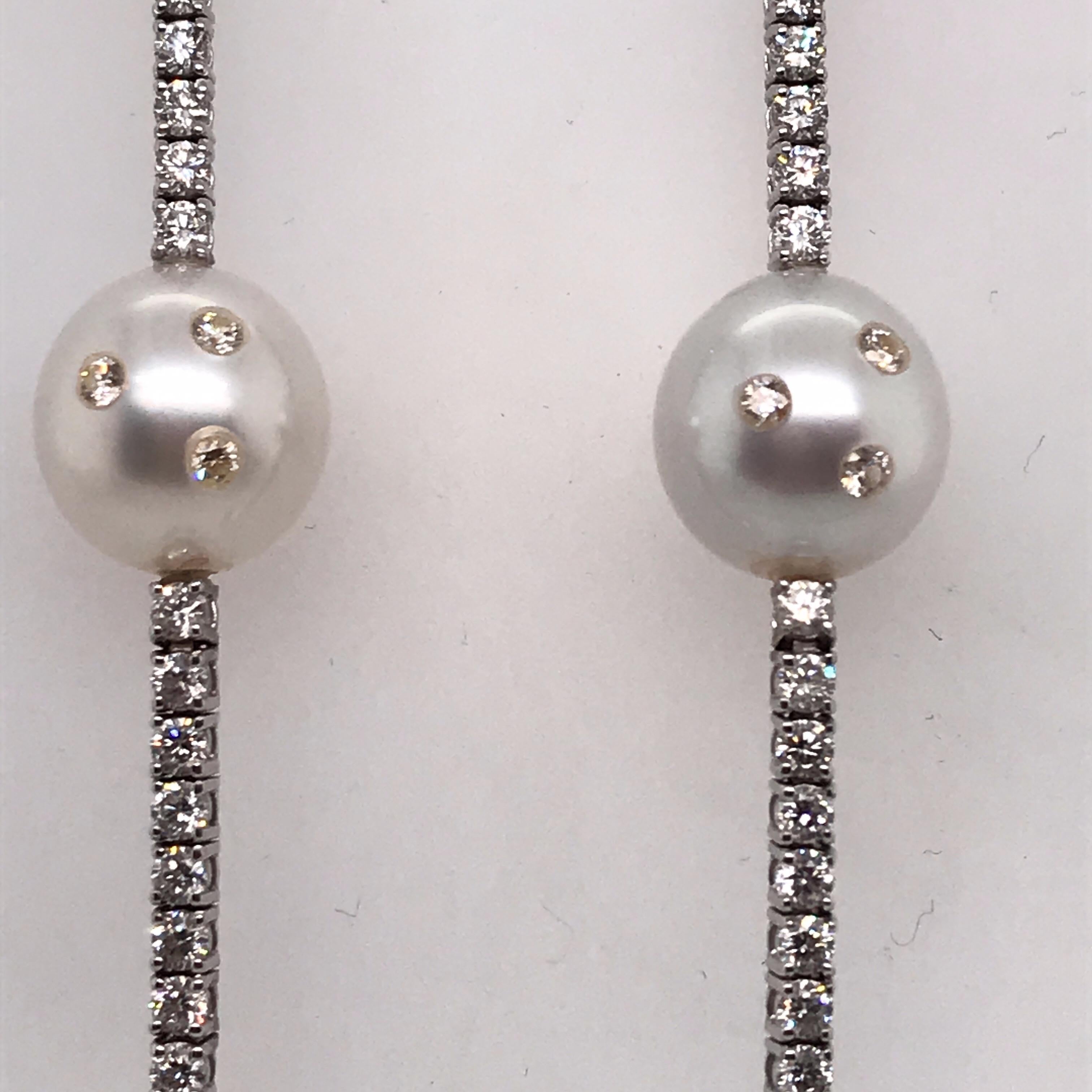 Round Cut South Sea Pearl Diamond Drop Earrings 2.30 Carat 14 Karat White Gold For Sale