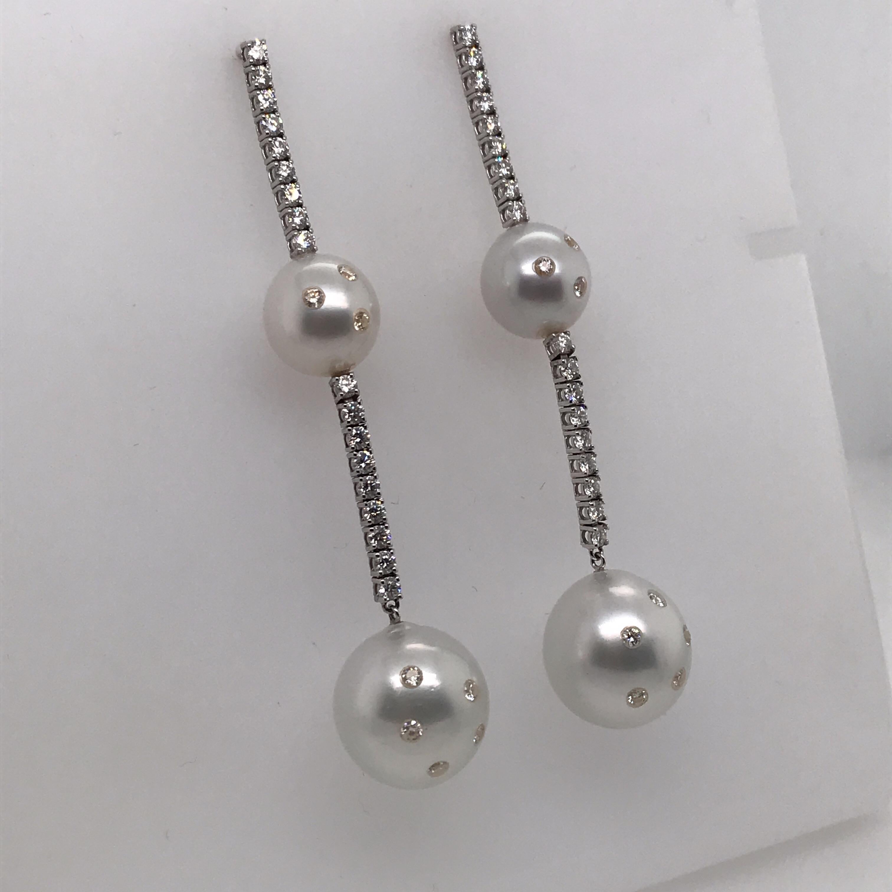 Women's South Sea Pearl Diamond Drop Earrings 2.30 Carat 14 Karat White Gold For Sale