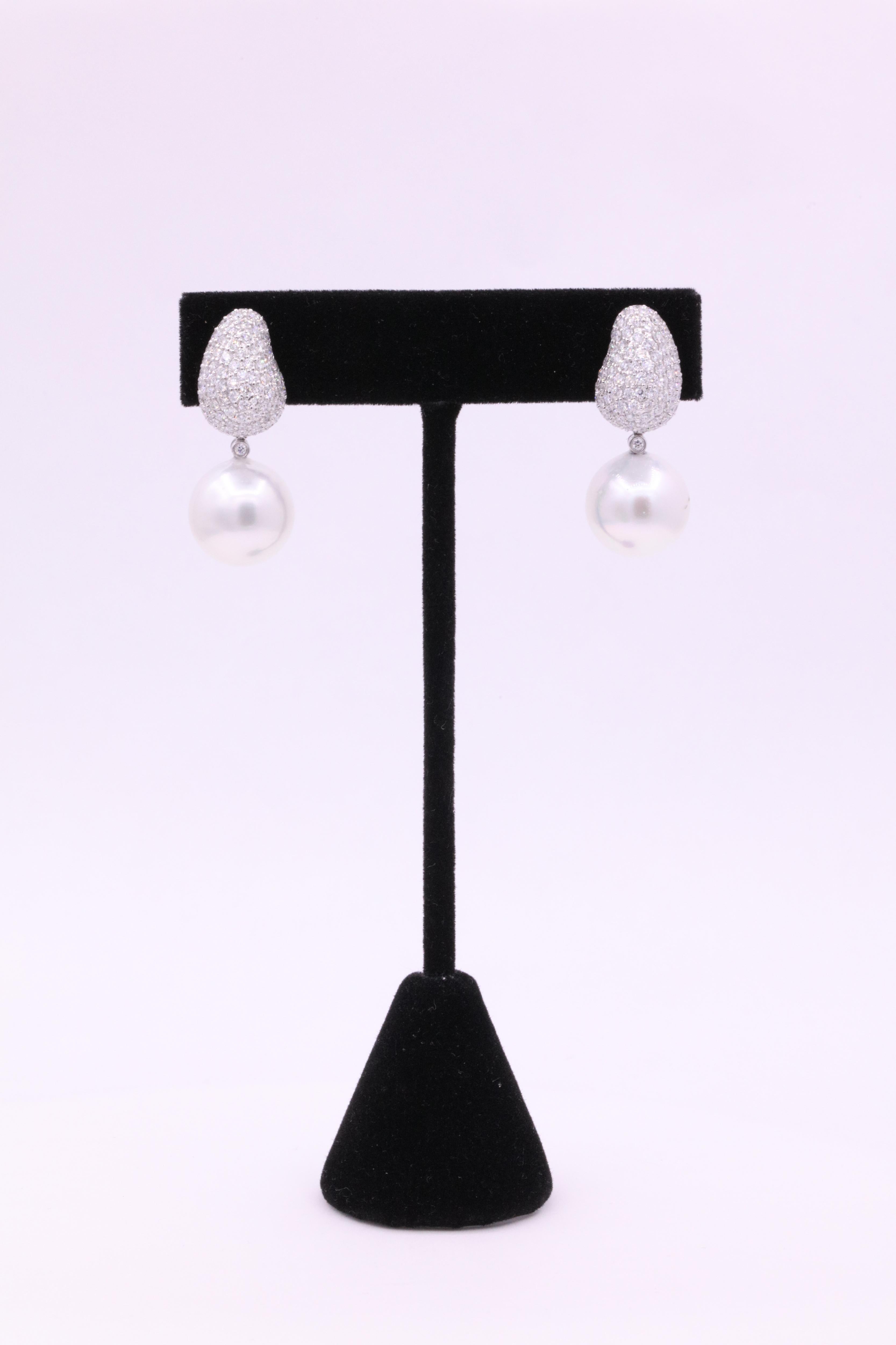 Contemporary South Sea Pearl Diamond Drop Earrings 2.50 Carat 18 Karat White Gold For Sale