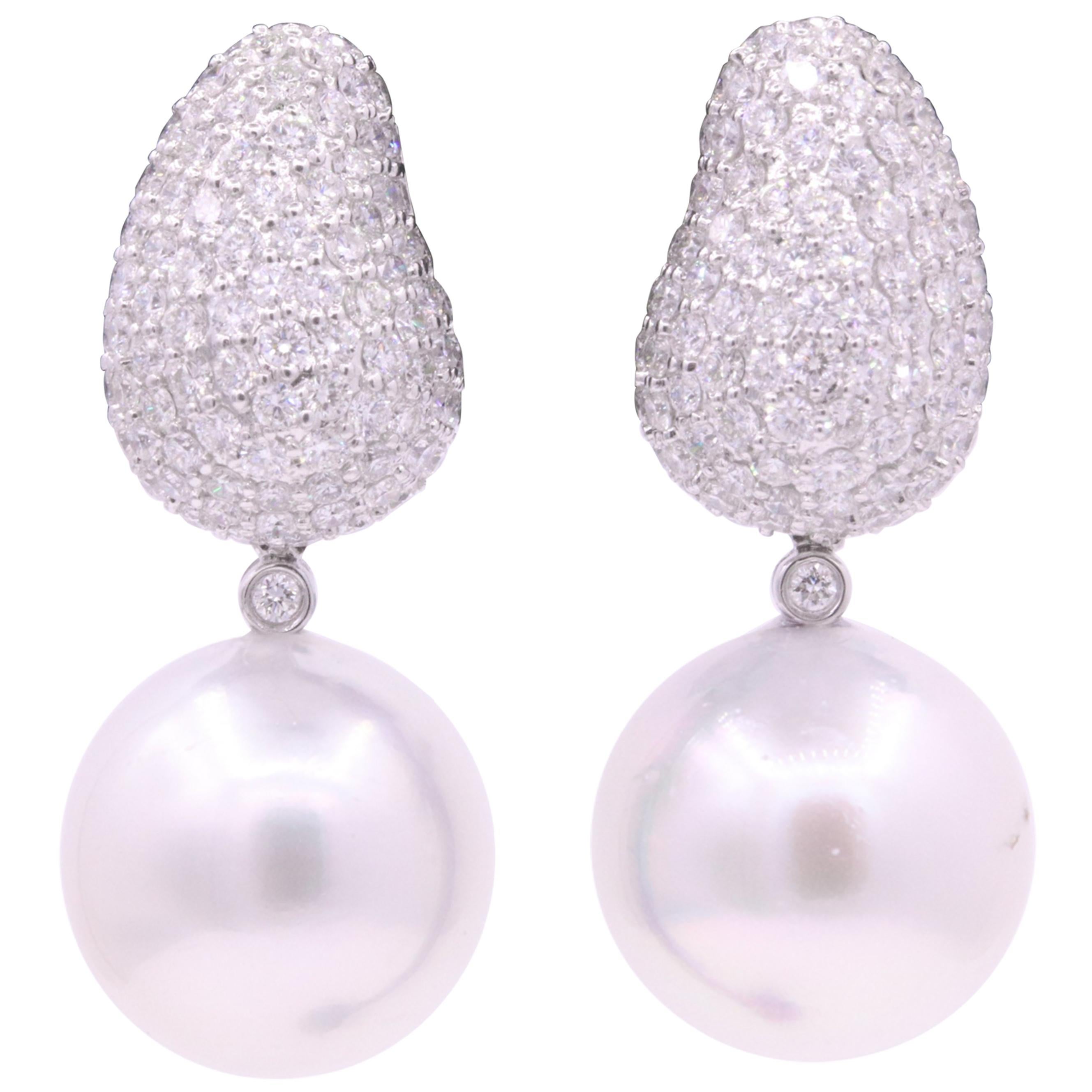 South Sea Pearl Diamond Drop Earrings 2.50 Carat 18 Karat White Gold For Sale