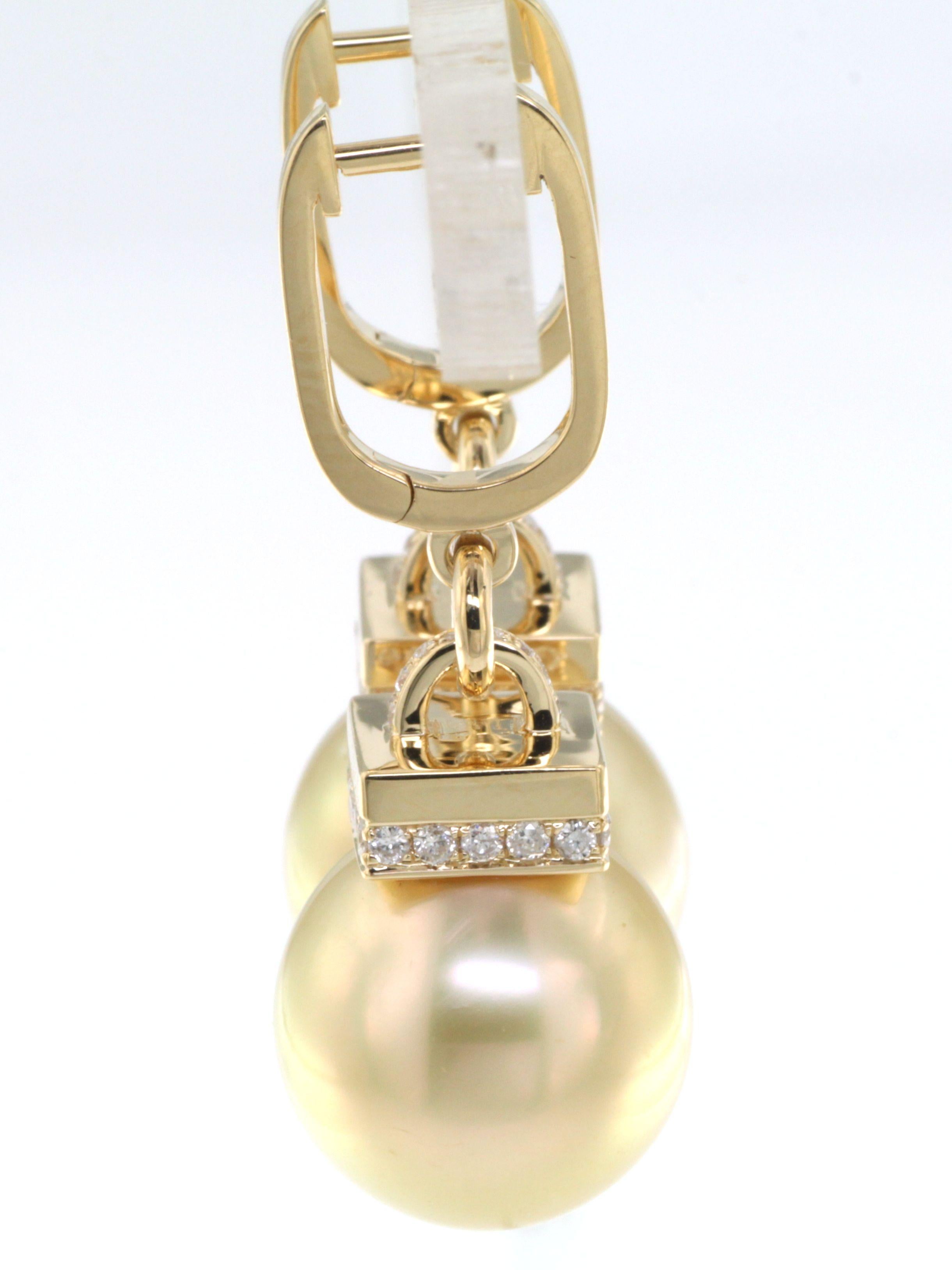 Modern South Sea Pearl Diamond Drop Earrings in 18 Karat Yellow Gold