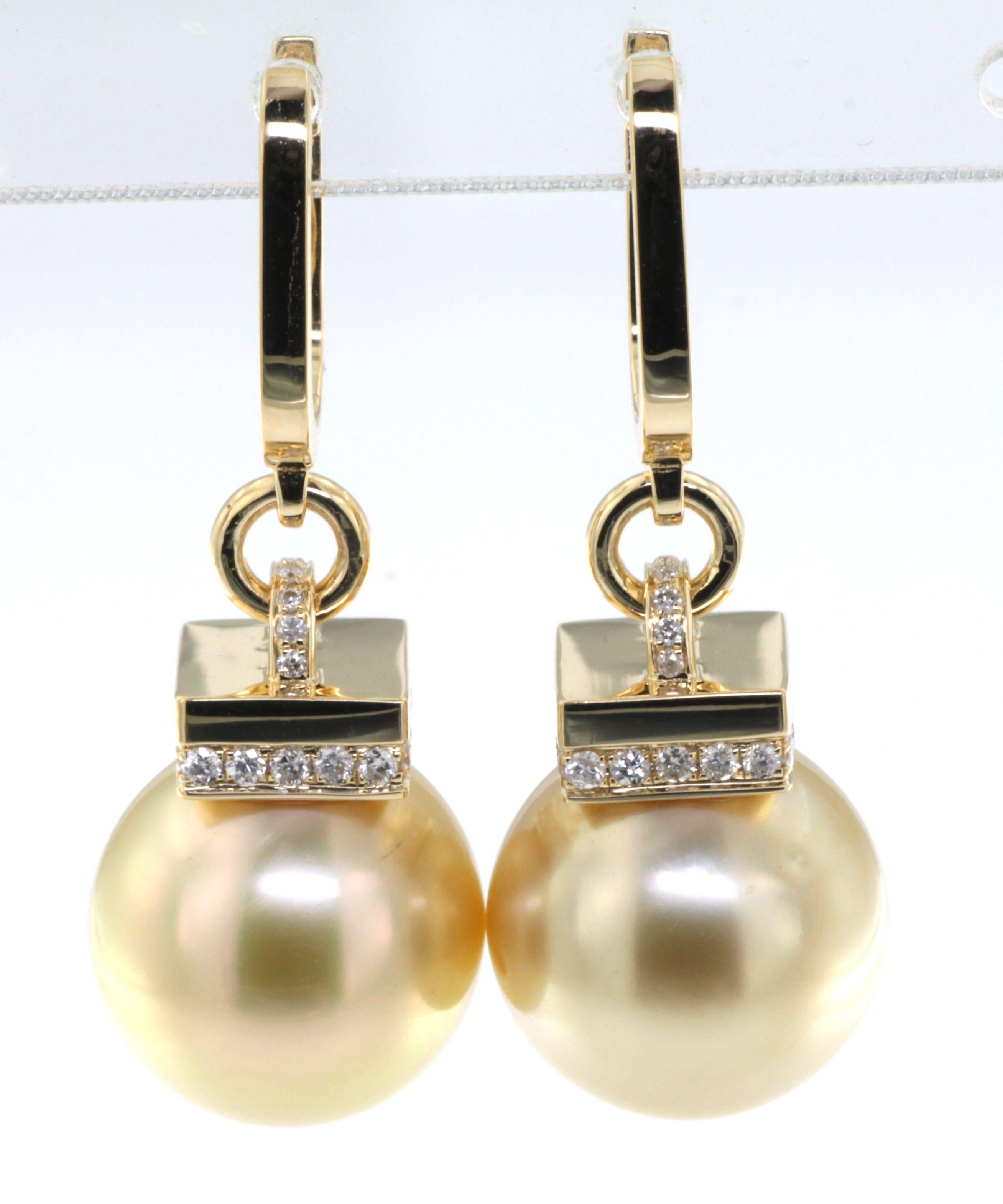 Round Cut South Sea Pearl Diamond Drop Earrings in 18 Karat Yellow Gold