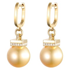 South Sea Pearl Diamond Drop Earrings in 18 Karat Yellow Gold