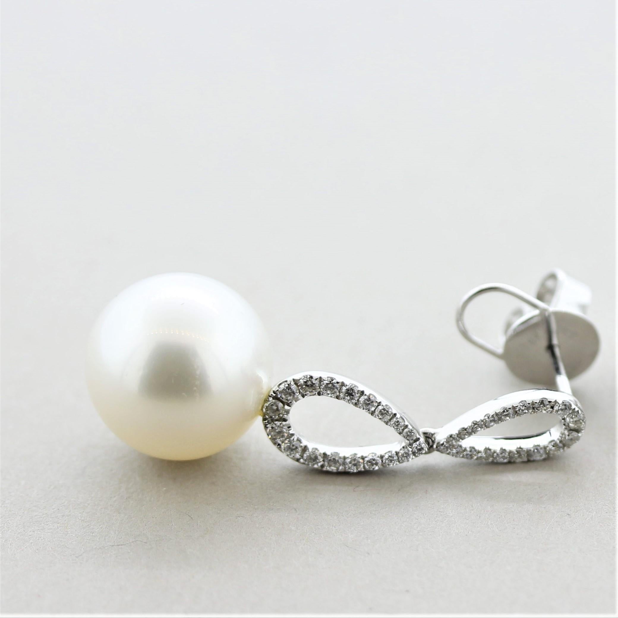 Mixed Cut South Sea Pearl Diamond Drop Gold Earrings For Sale