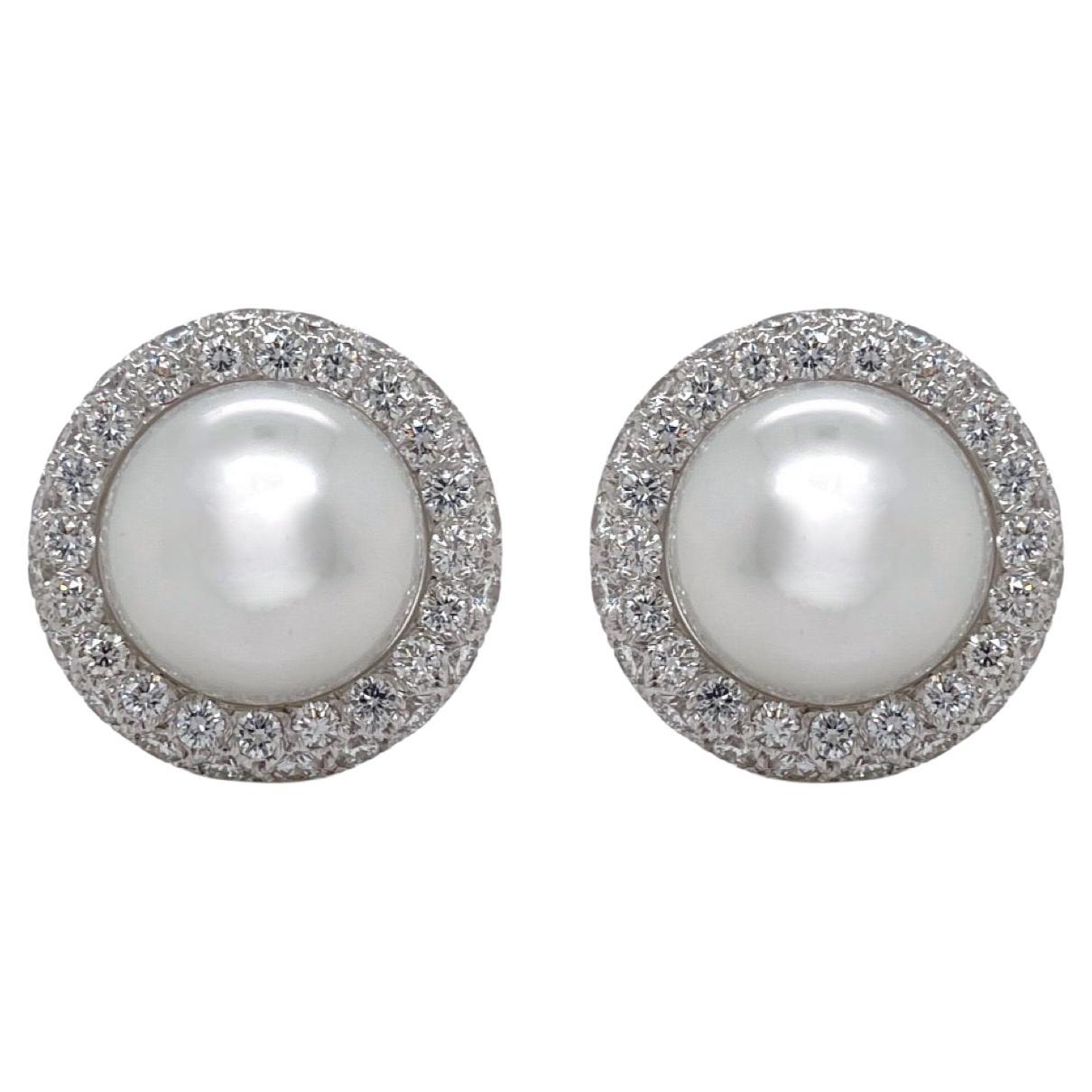 South Sea Pearl & Diamond Earring in 18K White Gold For Sale