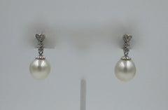 South Sea Pearl Diamond Earrings 14 Karat White Gold Dangle Drop Heart Motif