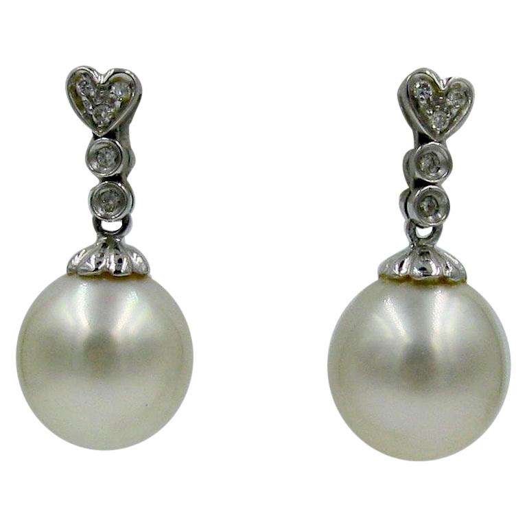 Pendientes Perla del Mar del Sur Diamante Oro Blanco 14 Kilates Colgante Gota Motivo Corazón