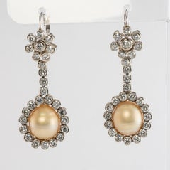 South Sea Pearl Diamond Earrings 14K White Gold Dangle Drop