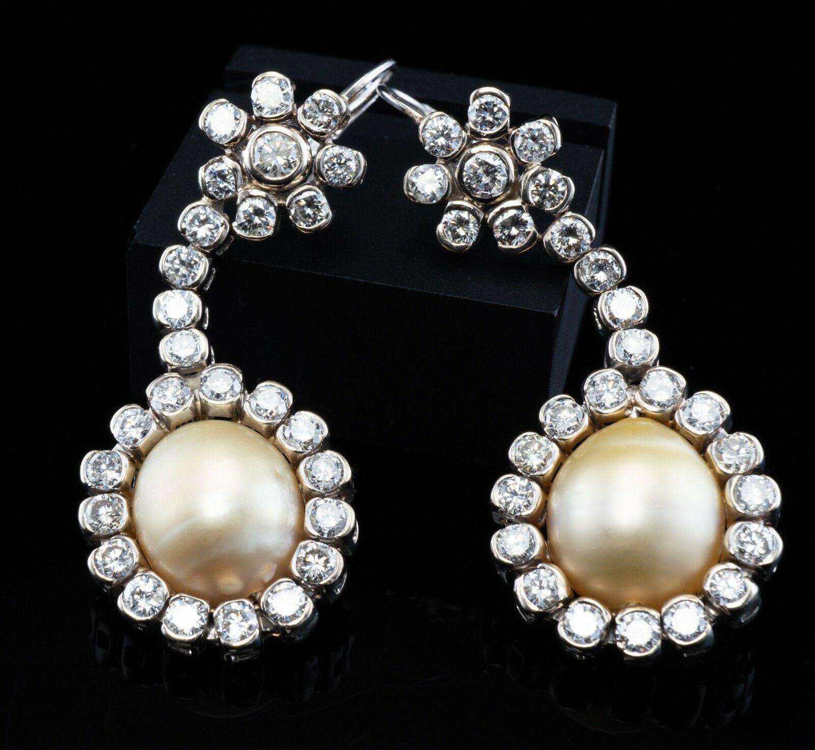 Round Cut South Sea Pearl Diamond Earrings 14K White Gold Dangle Drop For Sale