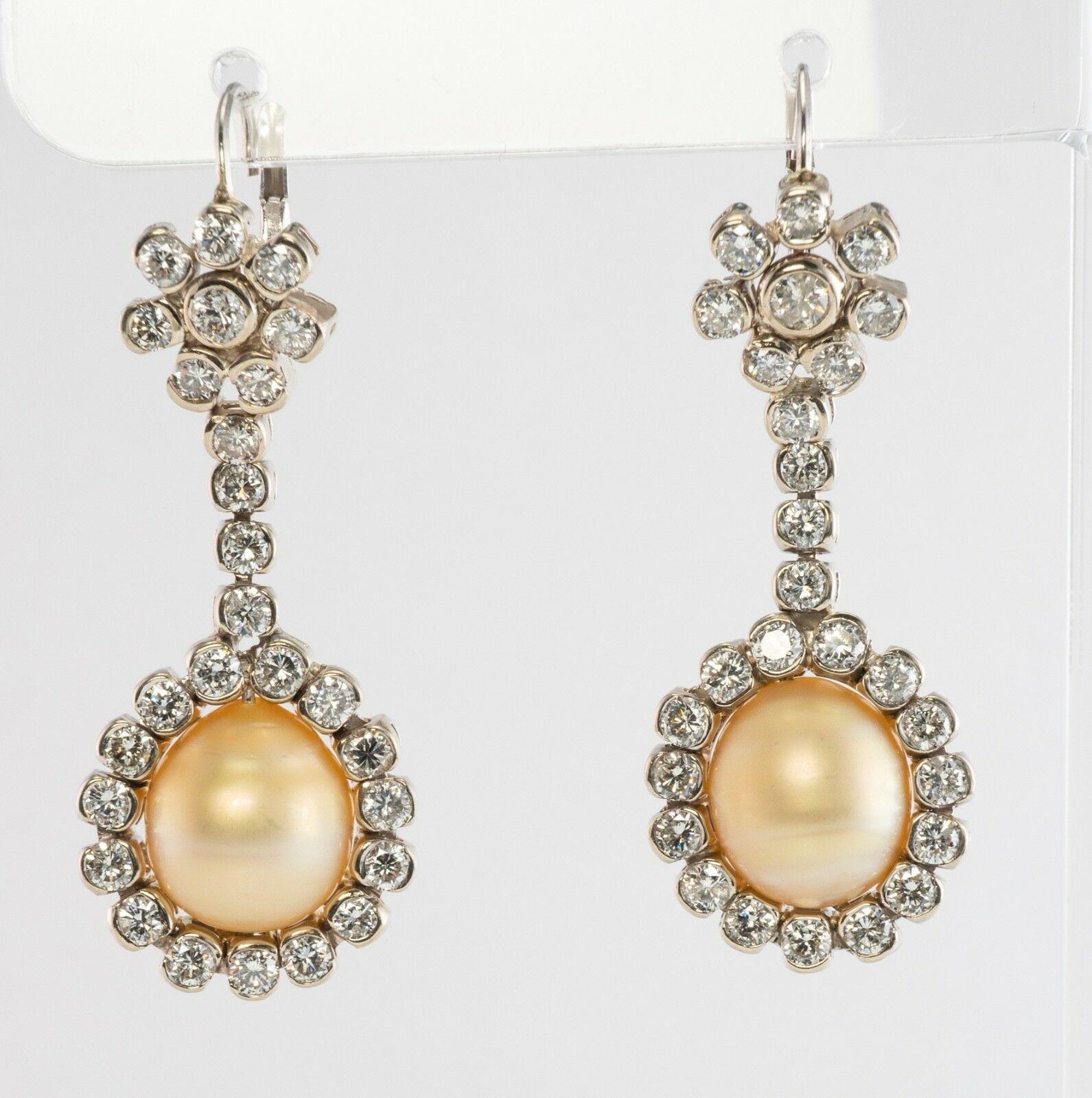 South Sea Pearl Diamond Earrings 14K White Gold Dangle Drop In Good Condition For Sale In East Brunswick, NJ