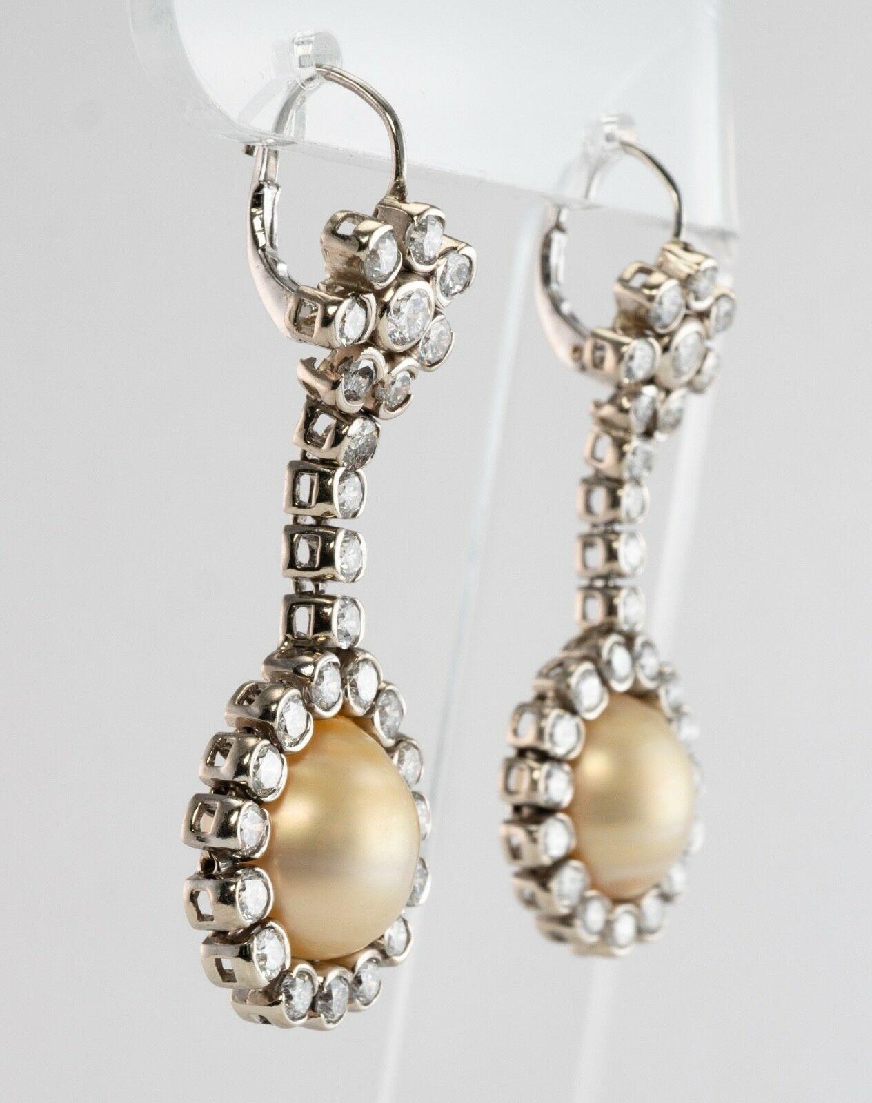 Women's South Sea Pearl Diamond Earrings 14K White Gold Dangle Drop For Sale