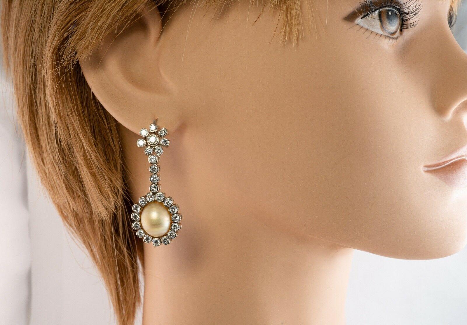 South Sea Pearl Diamond Earrings 14K White Gold Dangle Drop For Sale 2