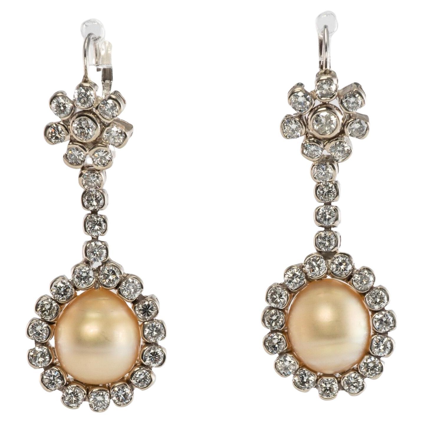 South Sea Pearl Diamond Earrings 14K White Gold Dangle Drop For Sale