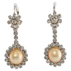 South Sea Pearl Diamond Earrings 14K White Gold Dangle Drop