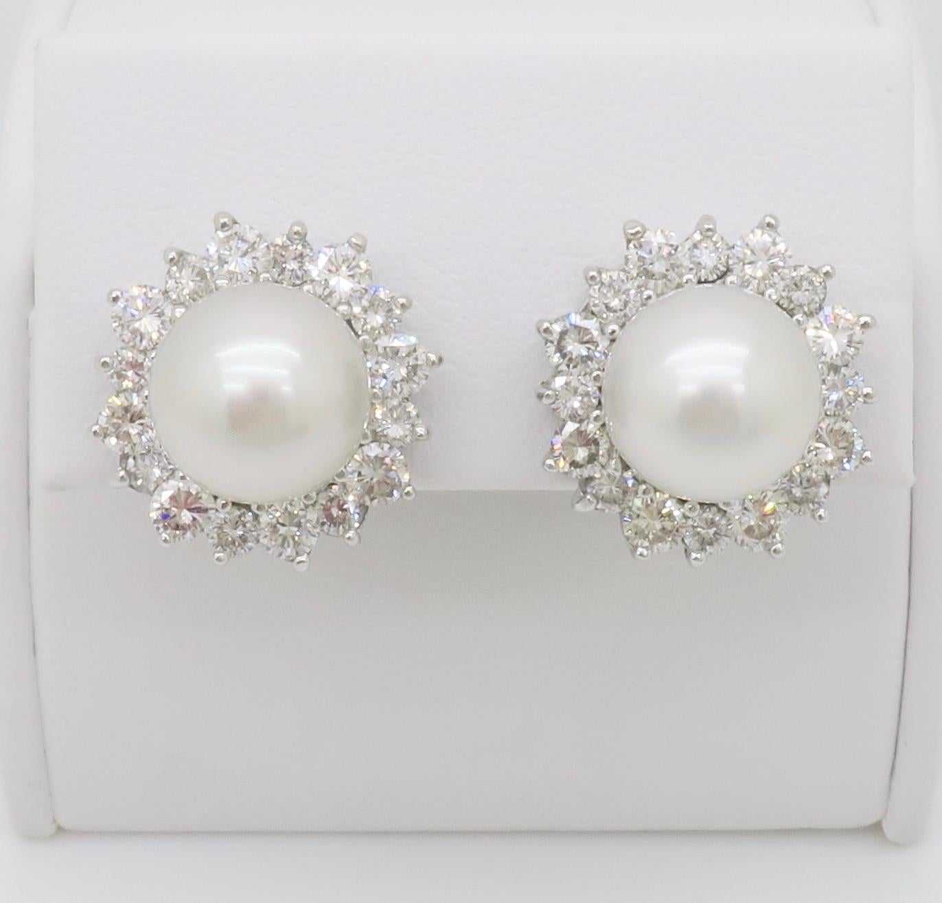 Round Cut South Sea Pearl & Diamond Earrings For Sale