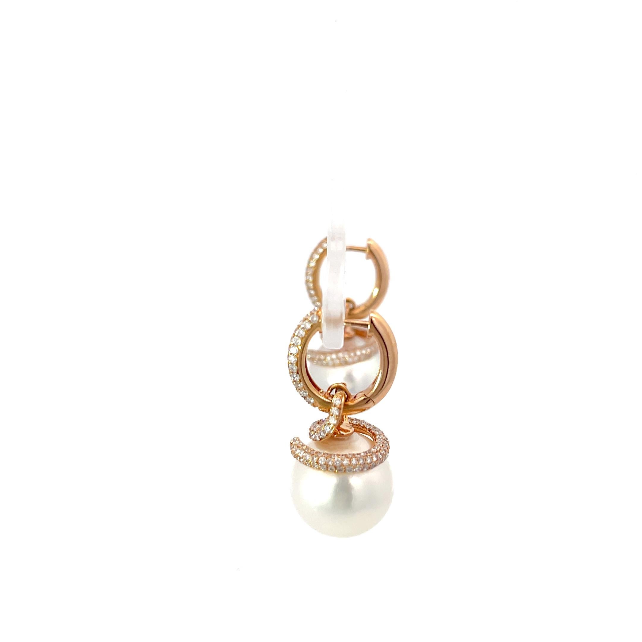 Round Cut South Sea Pearl & Diamond Earrings in 18K Rose Gold For Sale