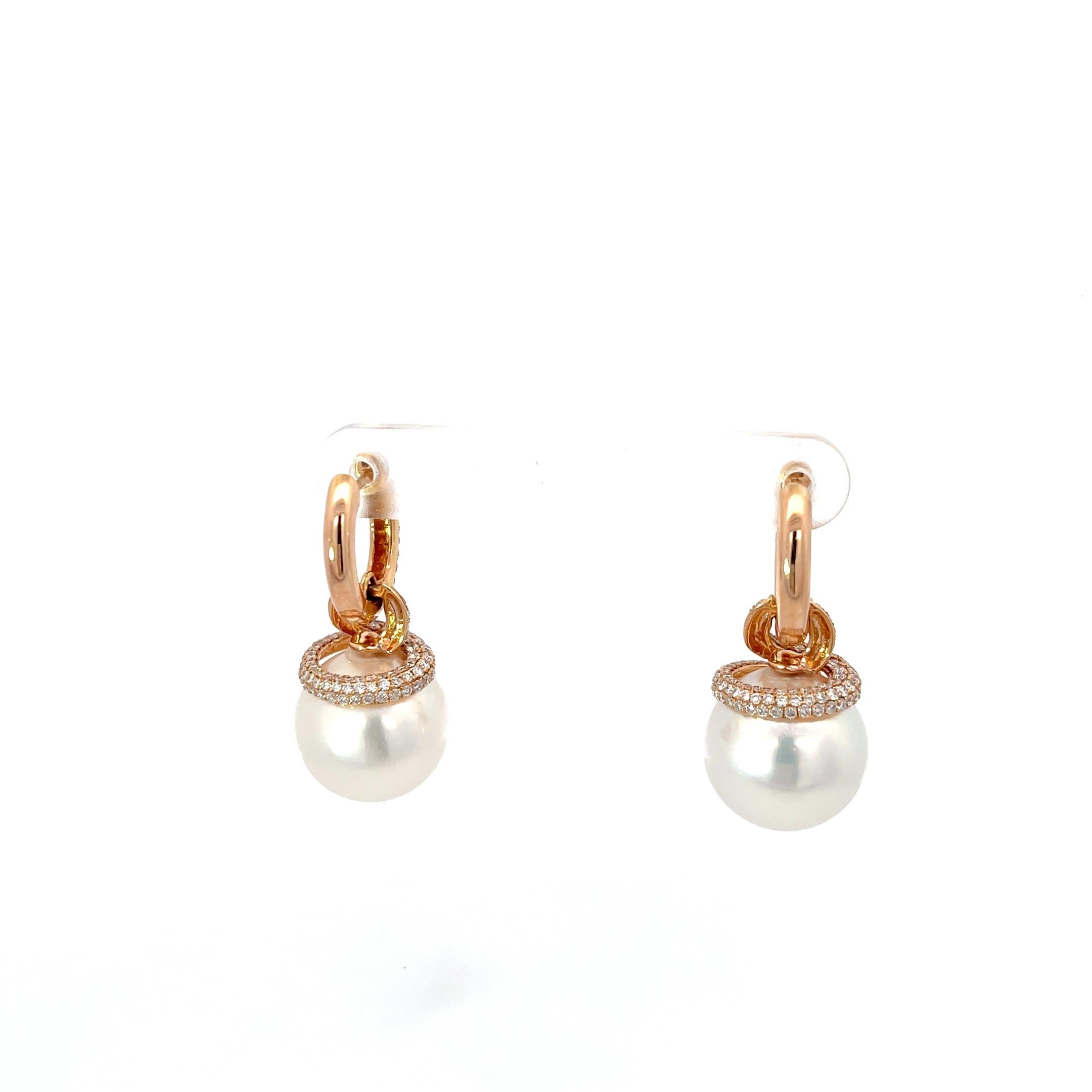 South Sea Pearl & Diamond Earrings in 18K Rose Gold In Excellent Condition For Sale In Dallas, TX