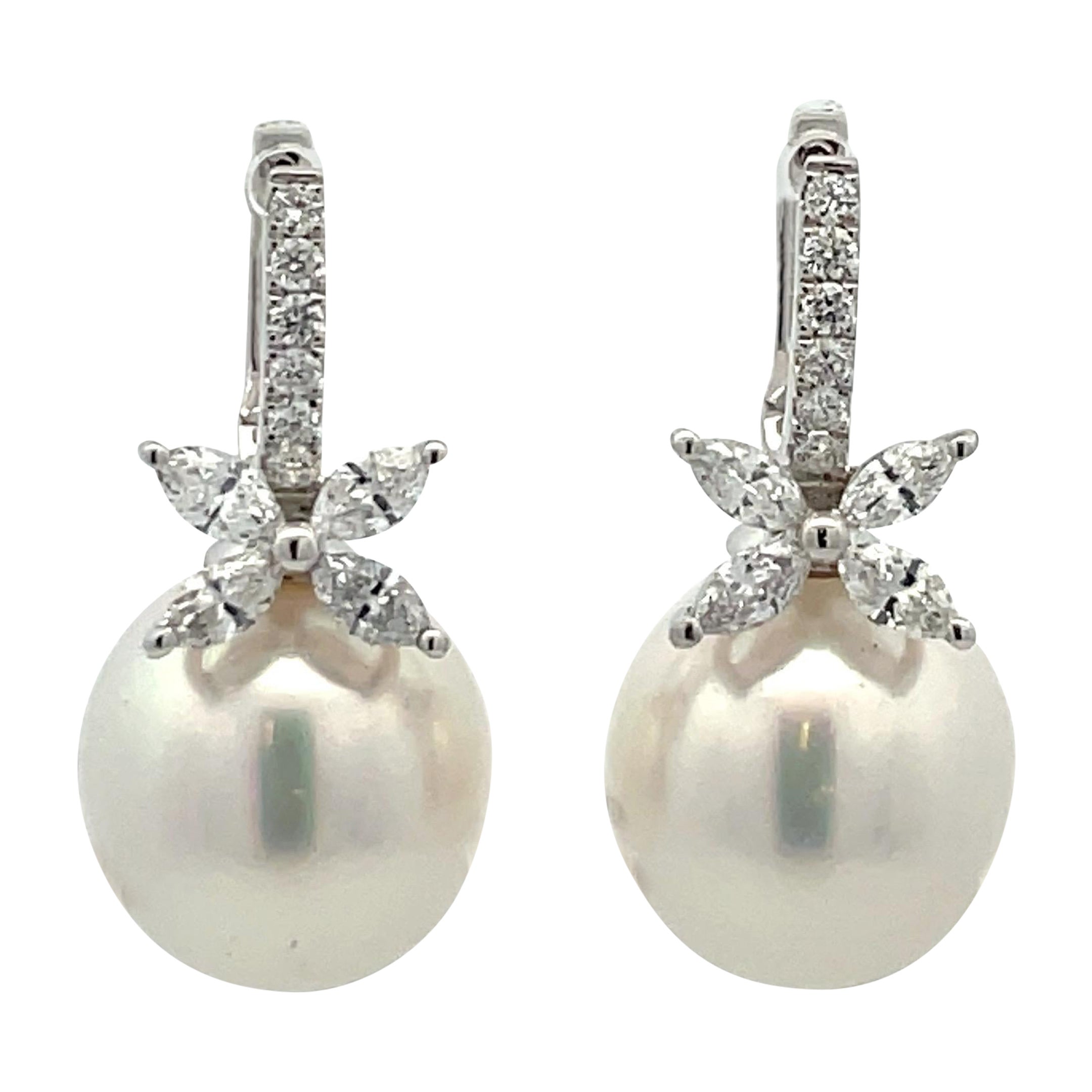 Round Cut South Sea Pearl Diamond Floral Drop Earrings 0.96 Carats 13-14 MM 18K White Gold For Sale