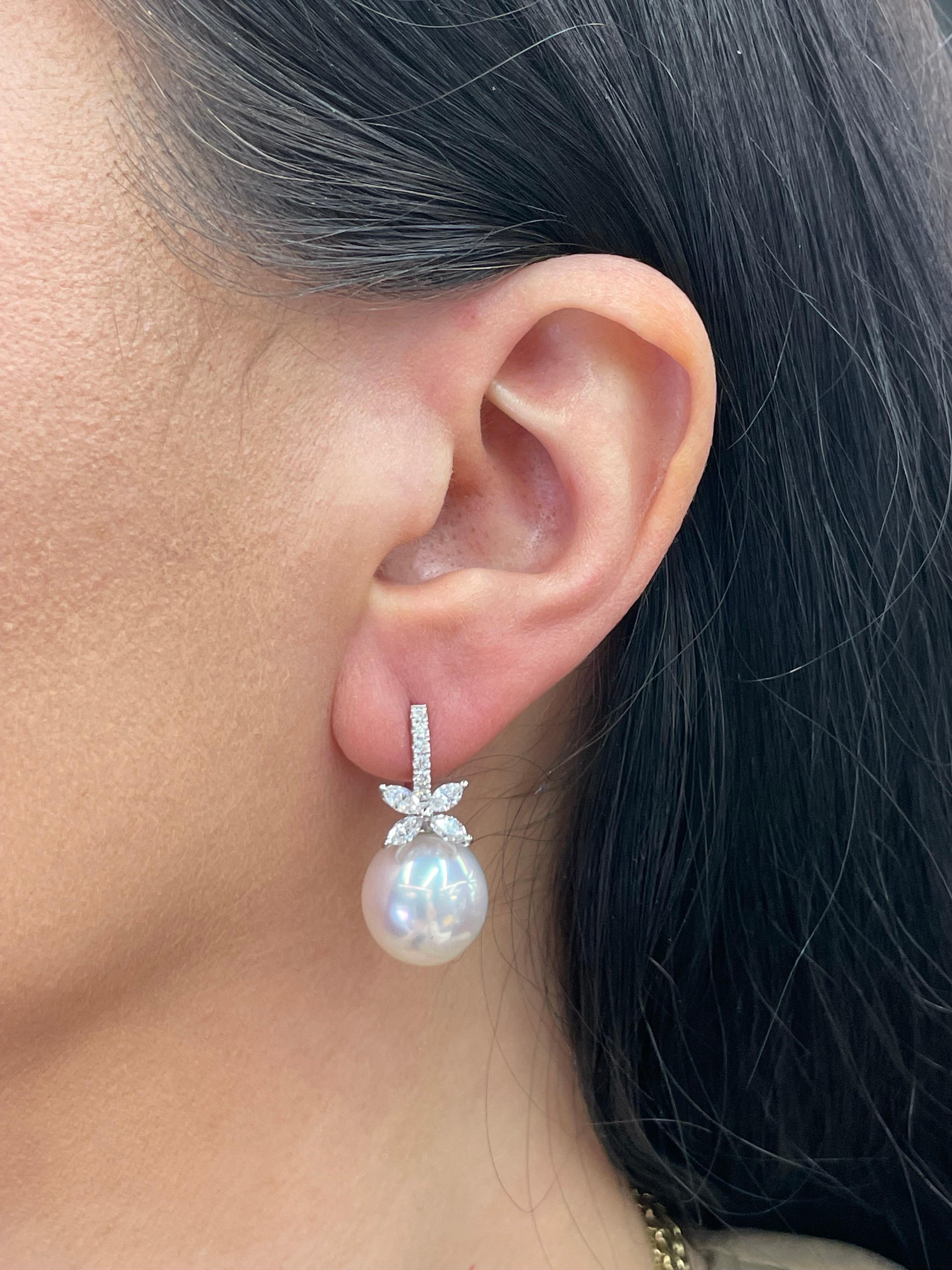Women's or Men's South Sea Pearl Diamond Floral Drop Earrings 0.96 Carats 13-14 MM 18K White Gold For Sale