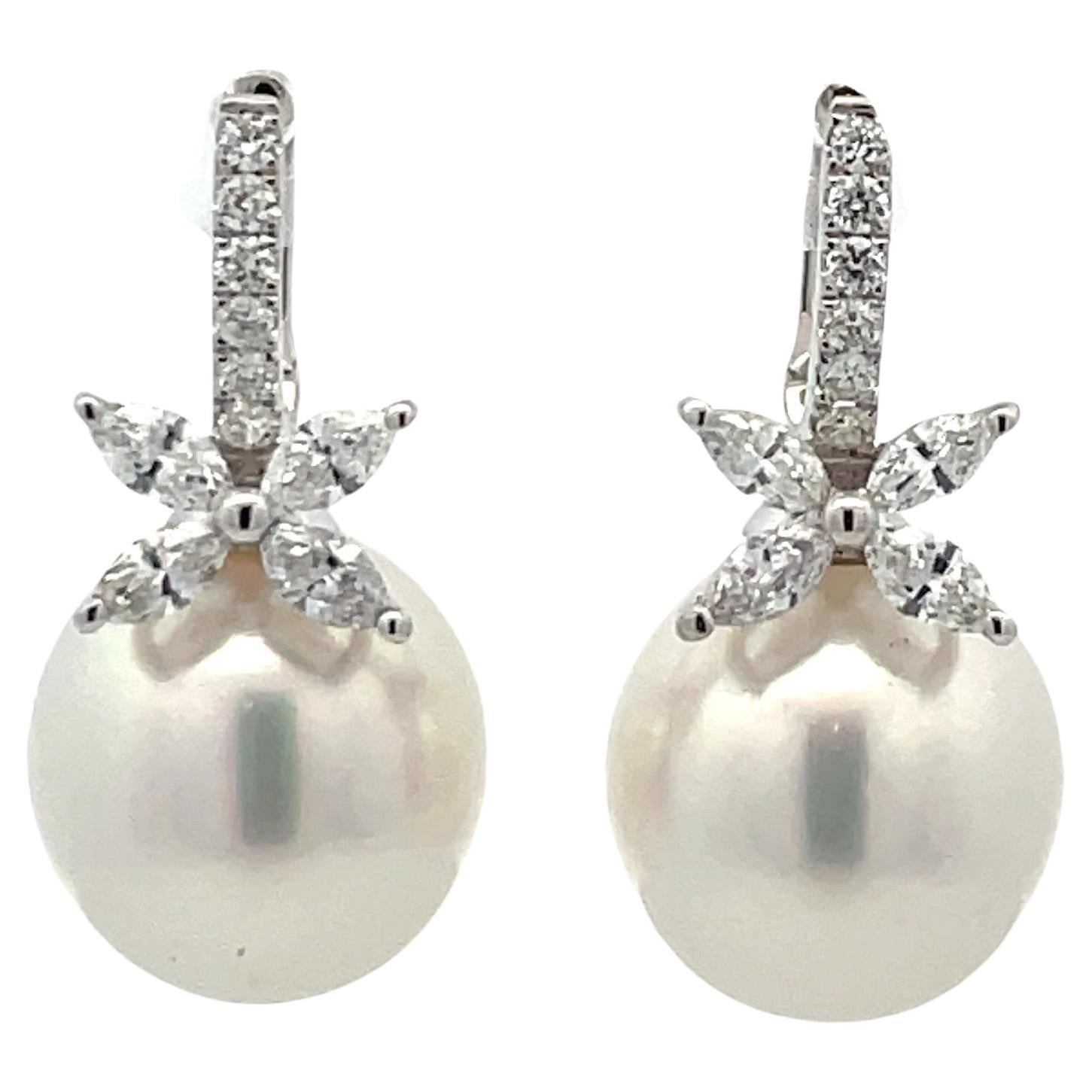 South Sea Pearl Diamond Floral Drop Earrings 0.96 Carats 13-14 MM 18K White Gold For Sale