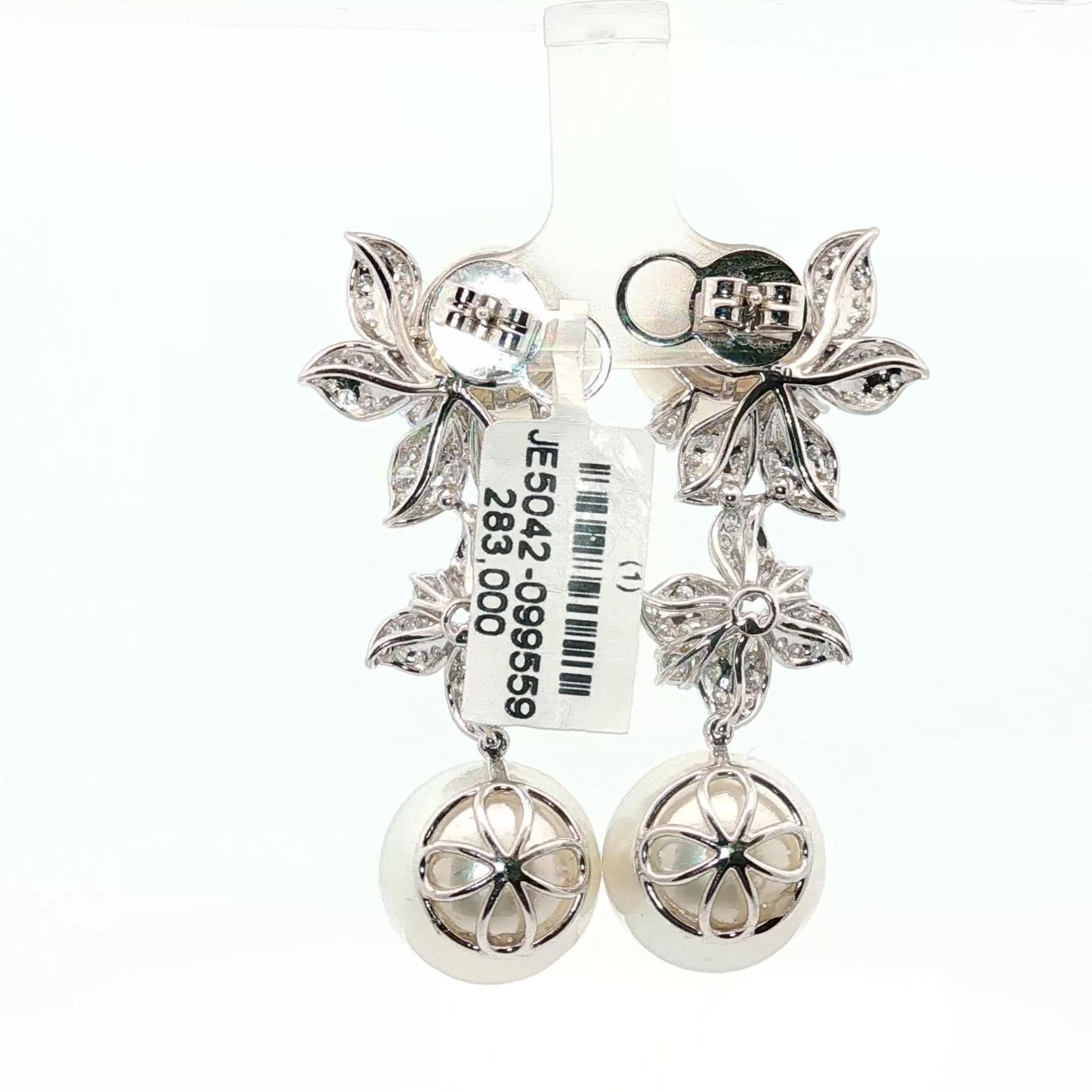 South Sea Pearl & Diamond Floral Drop Earrings 18K White Gold  15mm Pearls Brid im Angebot 1