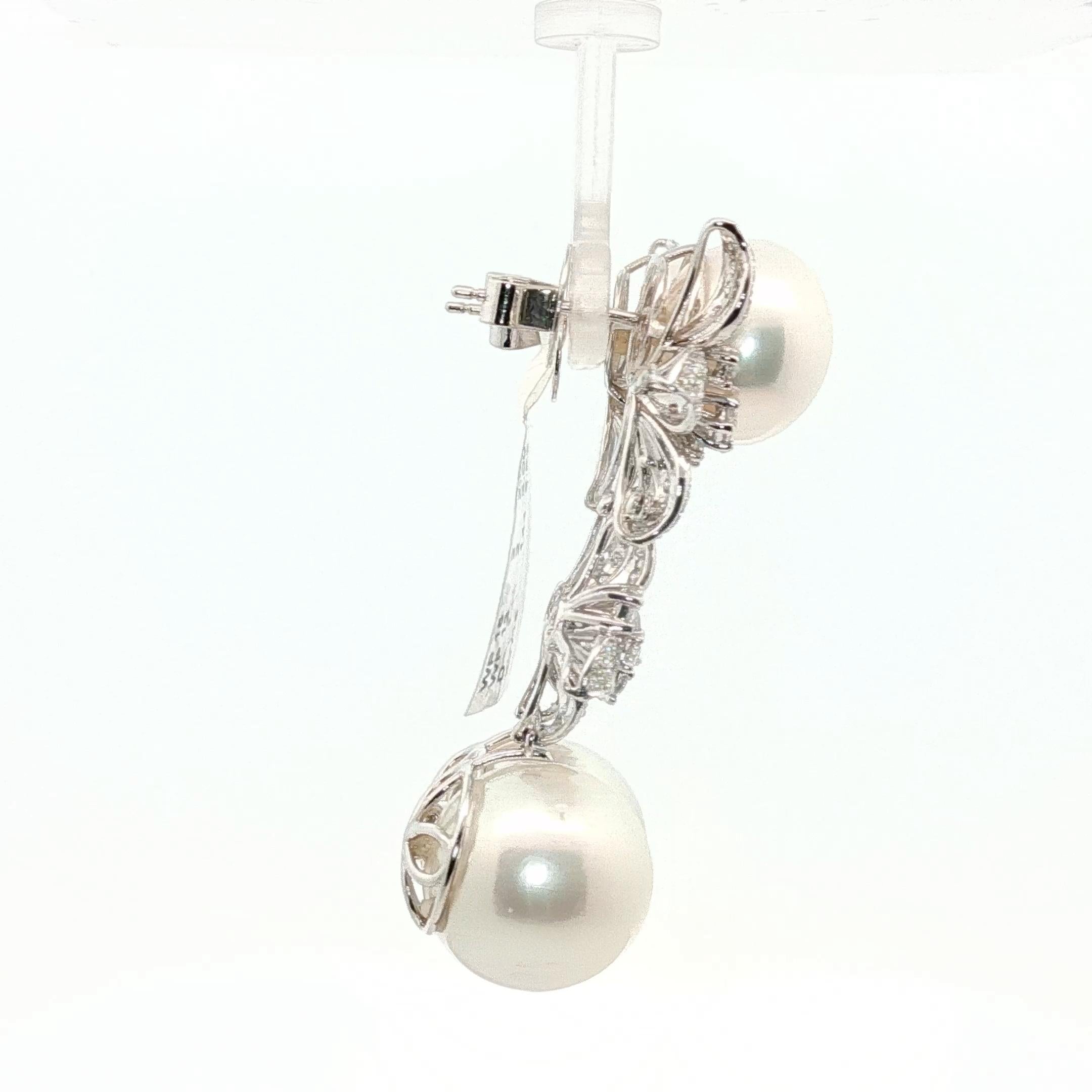 South Sea Pearl & Diamond Floral Drop Earrings 18K White Gold  15mm Pearls Brid im Angebot 2
