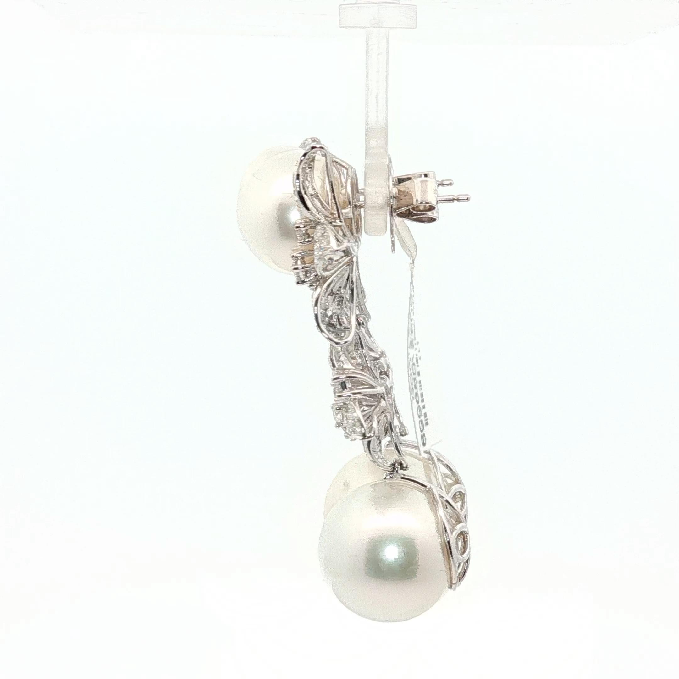South Sea Pearl & Diamond Floral Drop Earrings 18K White Gold  15mm Pearls Brid im Angebot 3