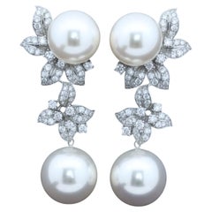 South Sea Pearl 
Diamond Floral Drop Earrings 18K White Gold  15mm Pearls Brid