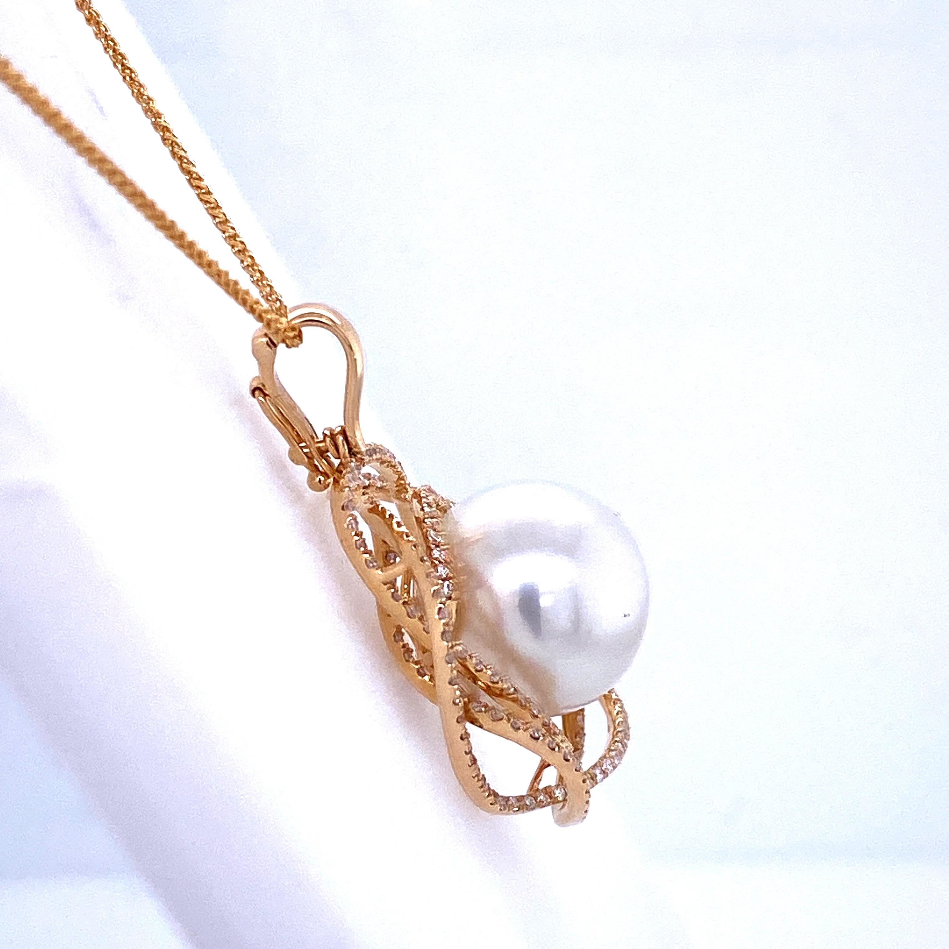 Women's South Sea Pearl Diamond Floral Pendant 0.68 Carat 18 Karat Yellow Gold For Sale