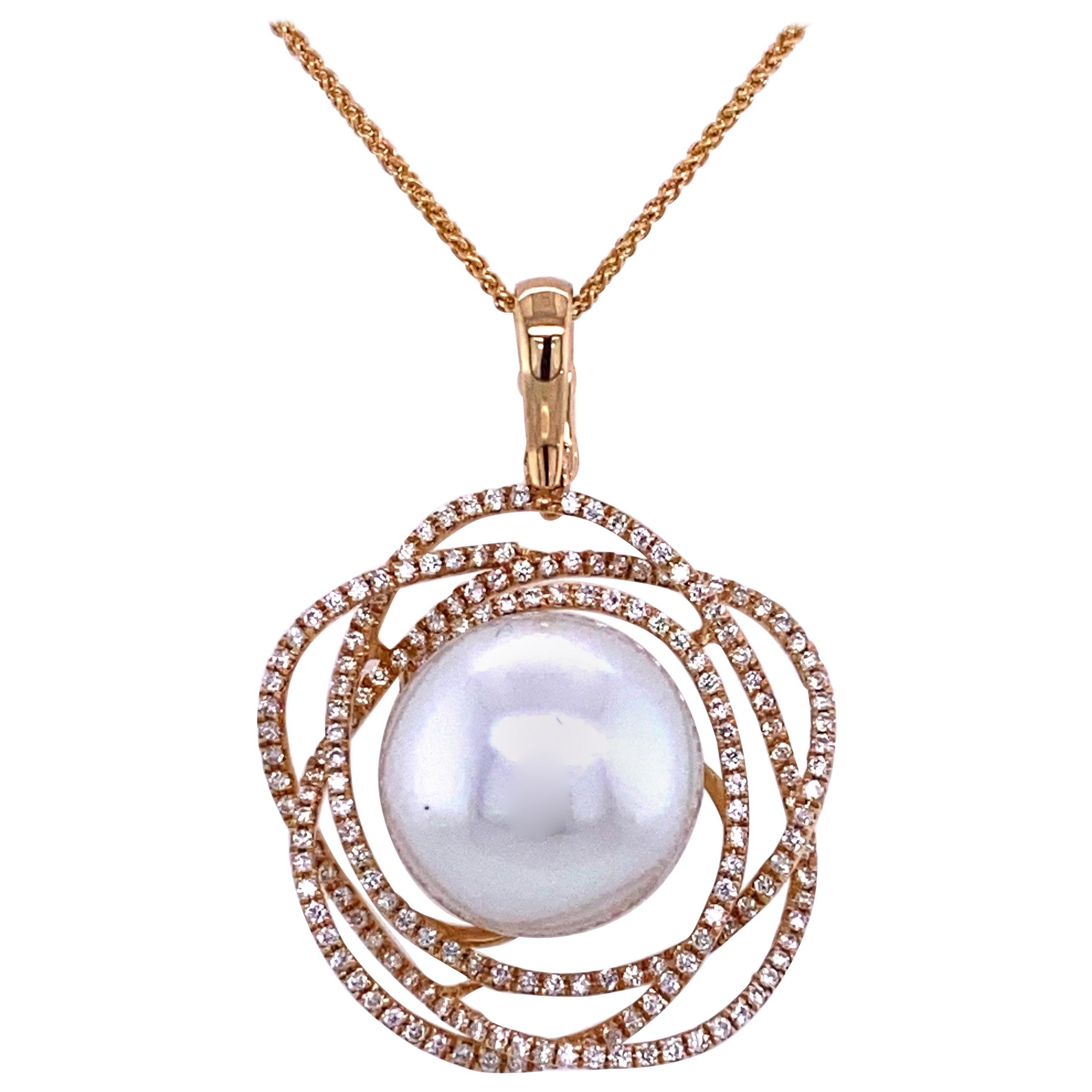 South Sea Pearl Diamond Floral Pendant 0.68 Carat 18 Karat Yellow Gold For Sale