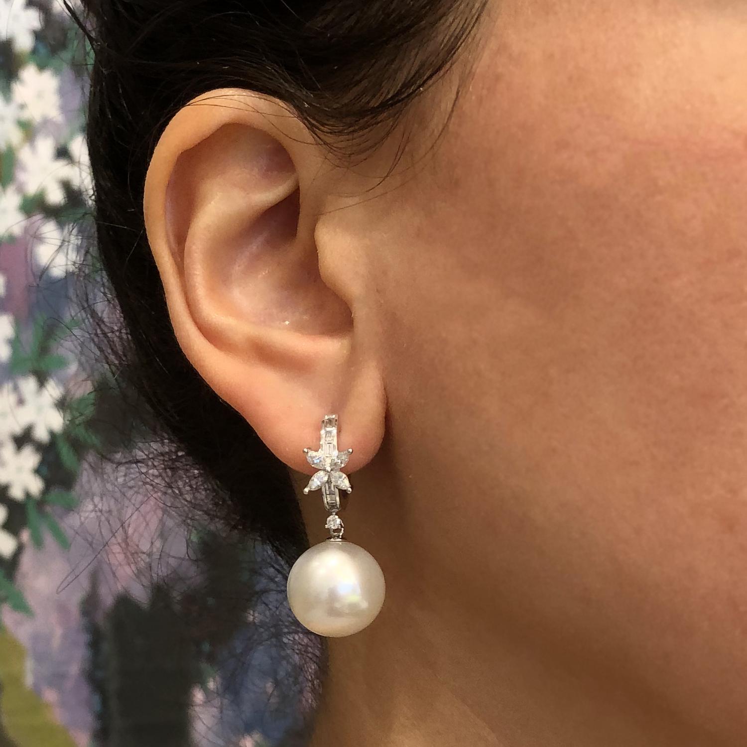 South Sea Pearl Diamond Flower Gold Drop Earring 1