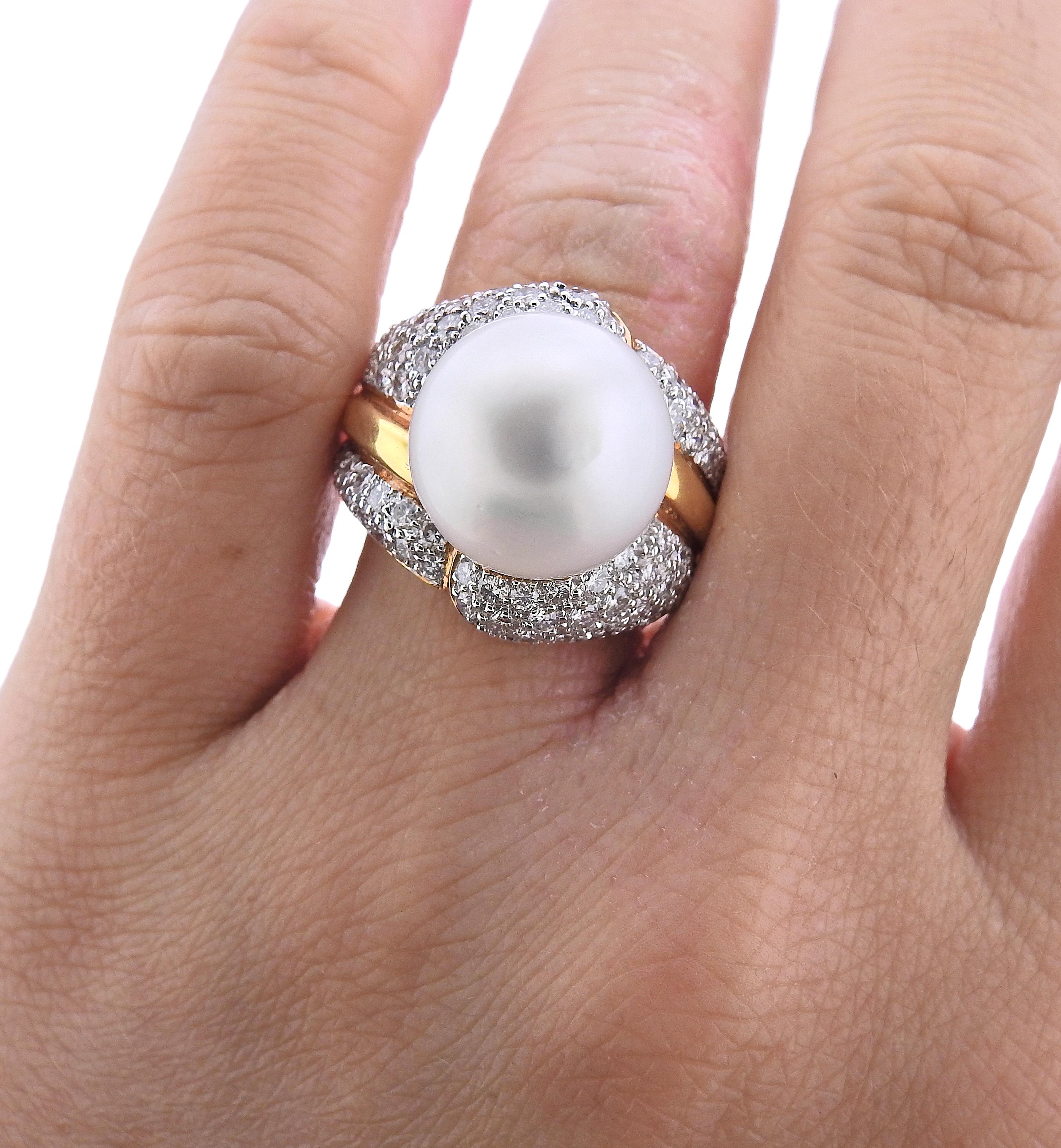 Anello cocktail in oro con diamanti e perle dei mari del sud In condizioni ottime in vendita a New York, NY