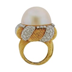 Vintage South Sea Pearl Diamond Gold Cocktail Ring