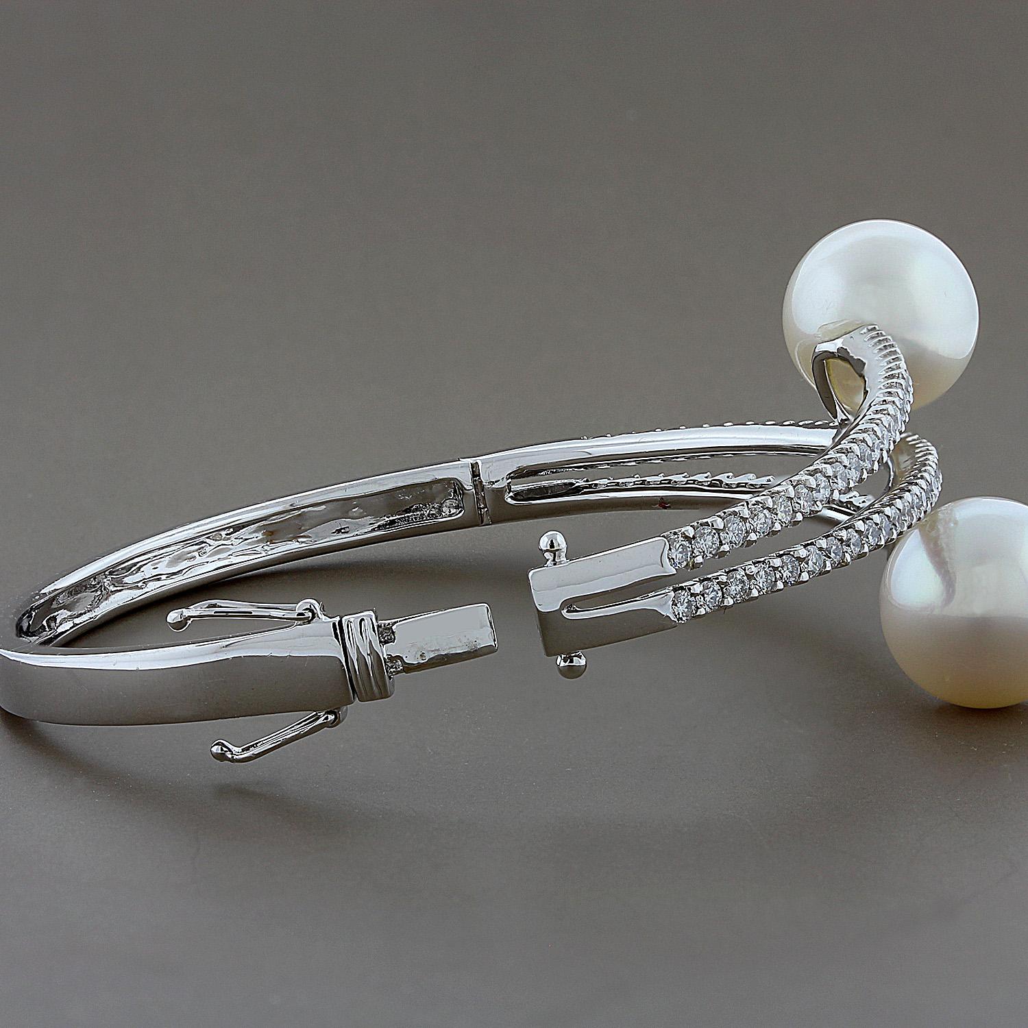 Modern South Sea Pearl Diamond Gold Cuff Bracelet