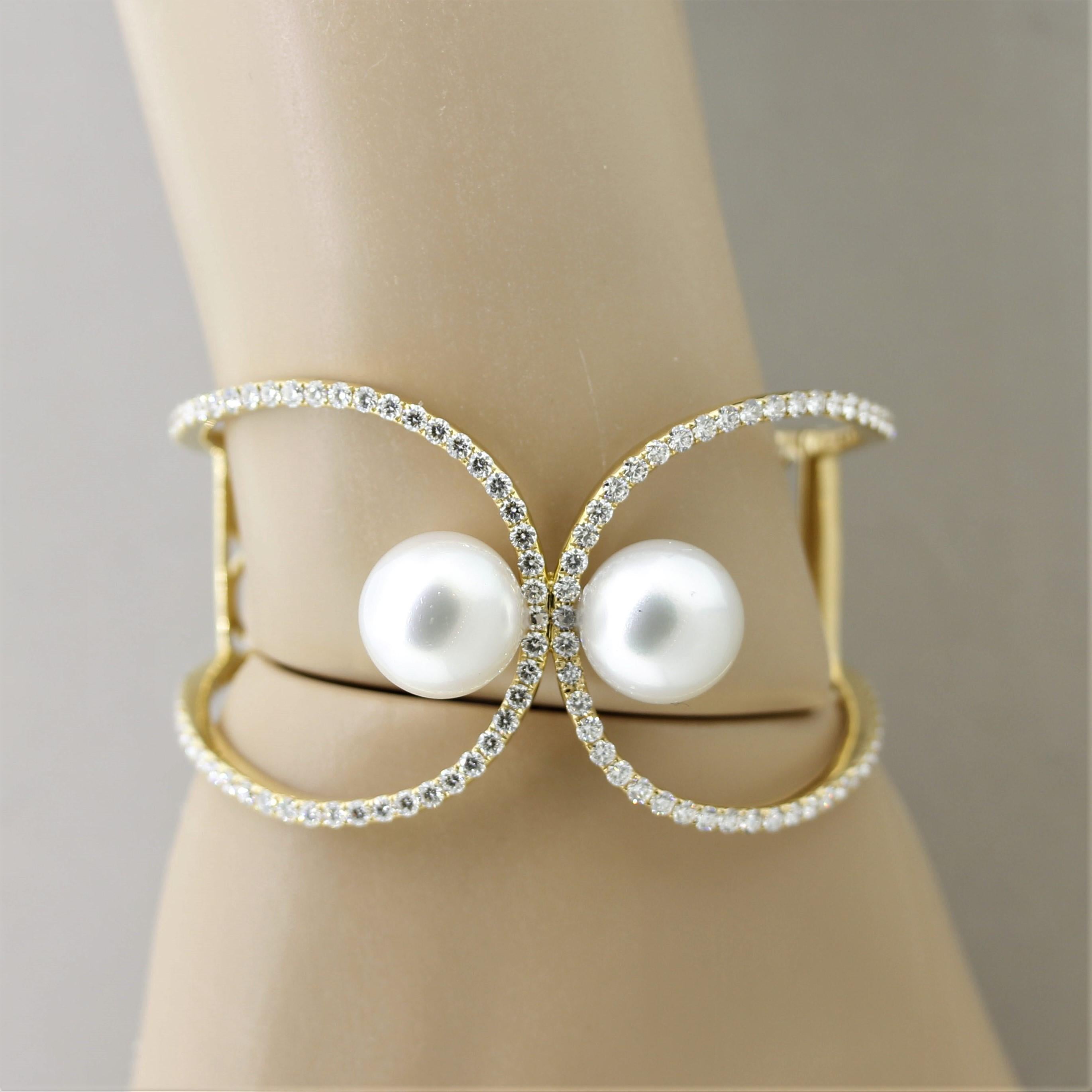 South Sea Pearl Diamond Gold Cuff Bracelet For Sale 2