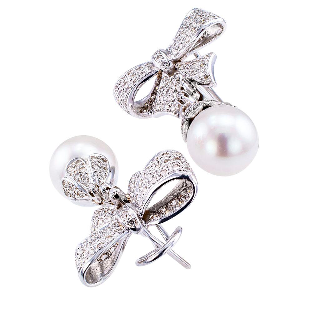 Contemporary South Sea Pearl Diamond Gold Drop Earrings