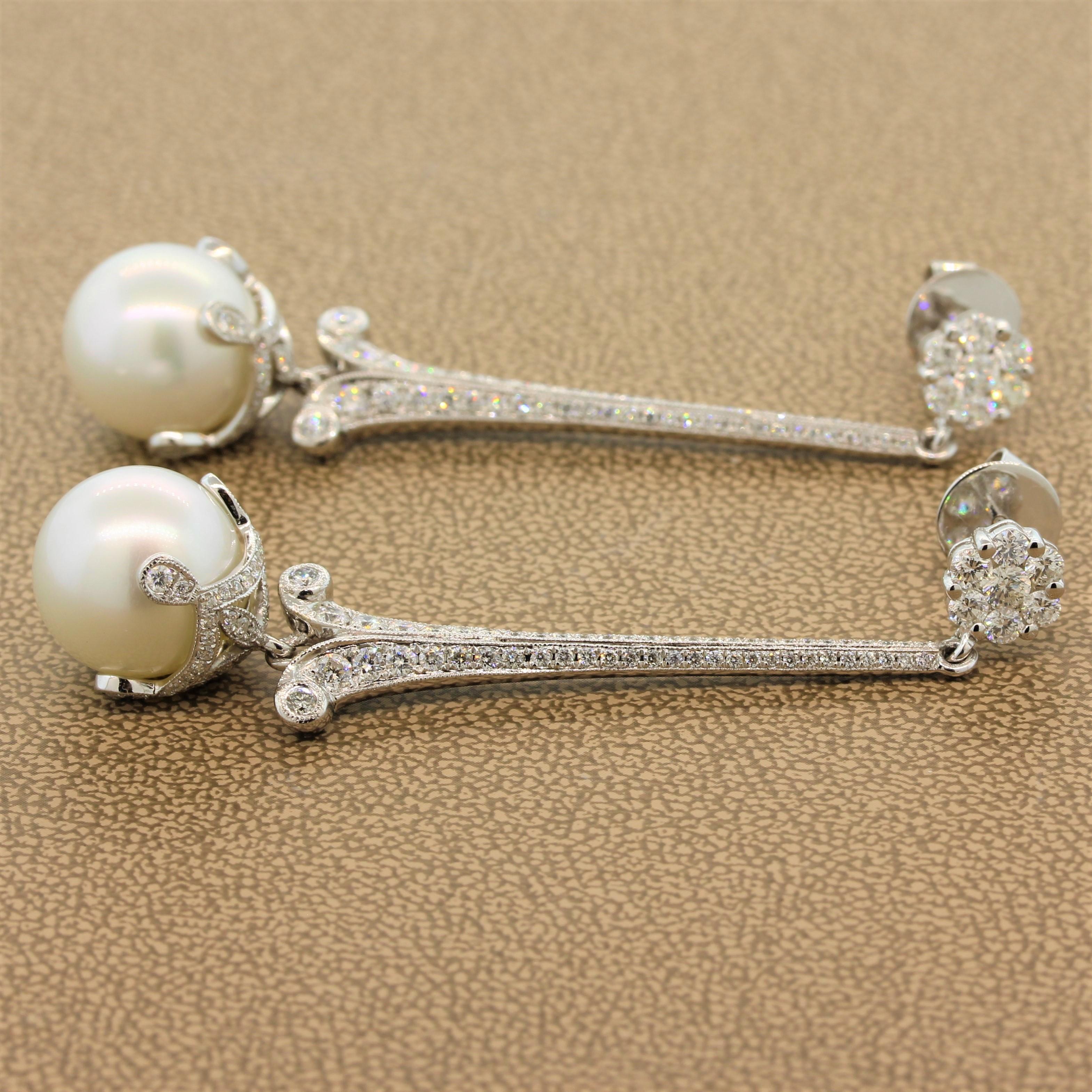 South Sea Pearl Diamond Gold Drop Earrings 1