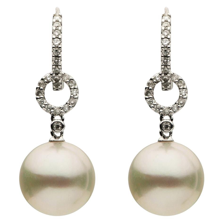 South Sea Pearl Diamond Drop Earrings 0.29 Carats 10-11 MM 18K White Gold For Sale