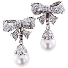 Vintage South Sea Pearl Diamond Gold Drop Earrings