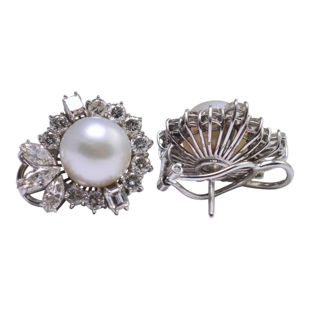 Marquise Cut South Sea Pearl Diamond Gold Earrings For Sale