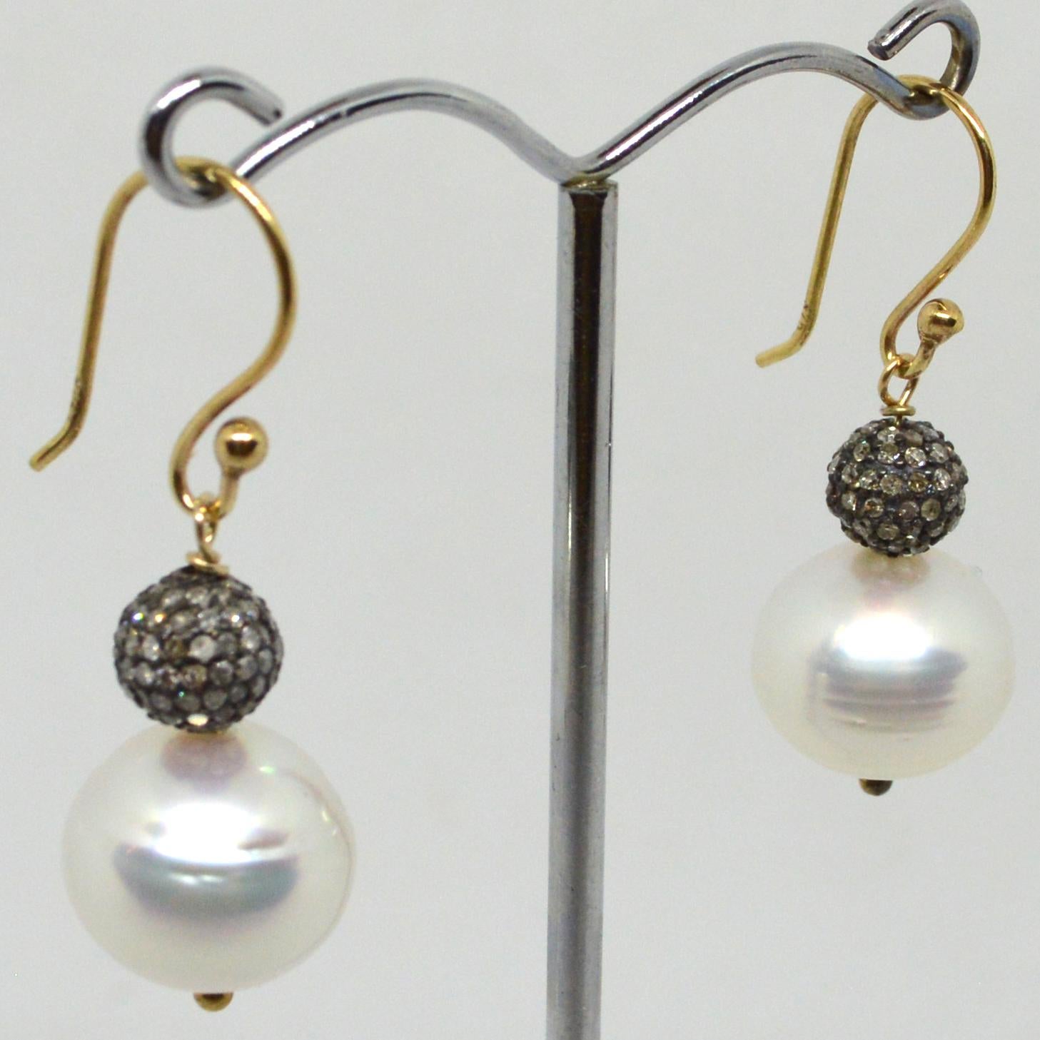 Modern South Sea Pearl Diamond Gold Earrings For Sale