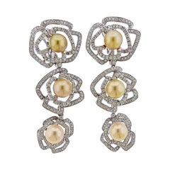 Vintage South Sea Pearl Diamond Gold Flower Drop Earrings